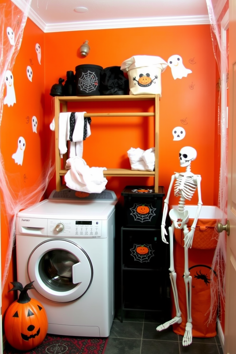 A whimsical laundry room setting inspired by Halloween. The walls are painted in a deep orange hue, adorned with playful ghost and pumpkin decals. A vintage wooden drying rack is placed in the center, surrounded by decorative laundry baskets featuring spider web patterns. Cobwebs are draped in the corners, and a cheerful skeleton figure stands next to a washing machine, adding a fun touch to the decor.