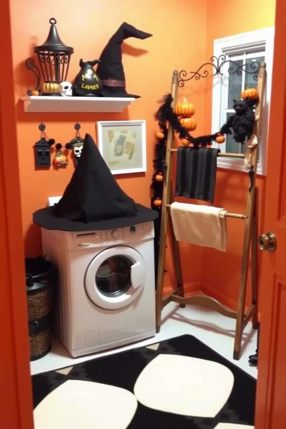 A whimsical laundry room featuring a witch hat laundry basket cover that adds a playful touch to the space. The walls are painted in a soft orange hue, and decorative Halloween-themed accents are scattered throughout the room. A vintage wooden drying rack stands in the corner, adorned with miniature pumpkins and spooky garlands. The floor is covered with a black and white checkered rug, enhancing the festive atmosphere while providing comfort.