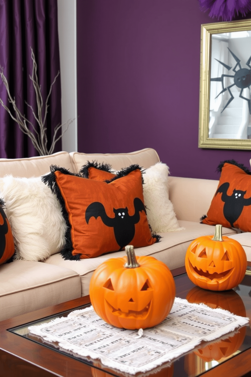 A cozy living room decorated for Halloween features a plush sofa adorned with spooky black and orange throw pillows. The walls are draped in deep purple fabric, and a carved pumpkin sits on the coffee table, adding to the festive atmosphere.