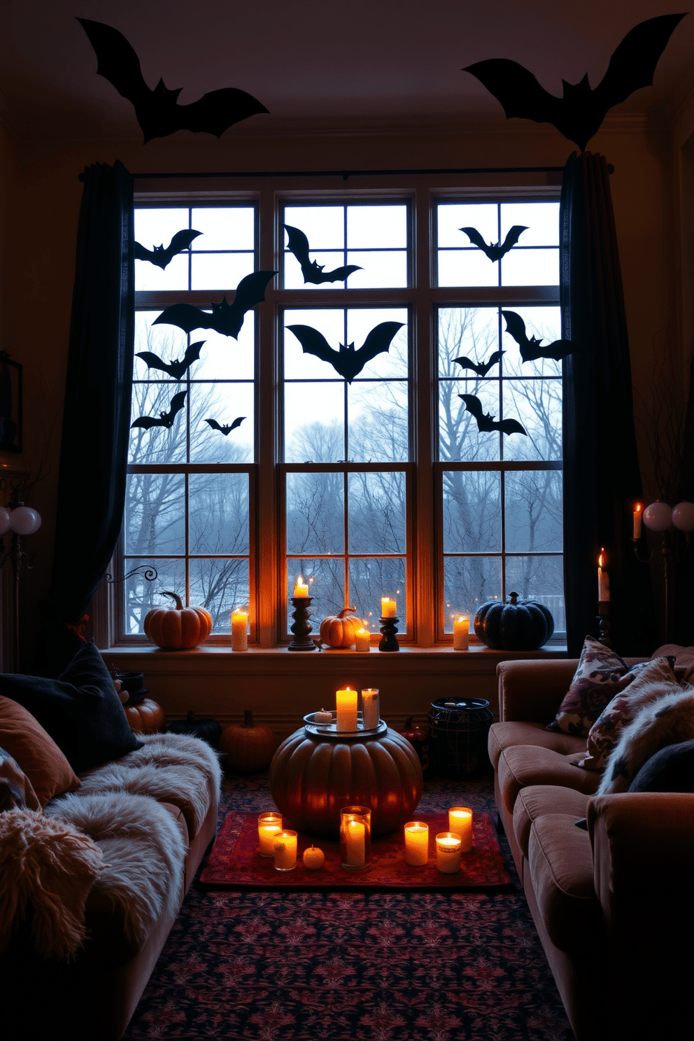 A cozy Halloween living room adorned with bat silhouettes gracefully displayed on the windows. The space features a warm color palette with deep oranges and rich blacks, complemented by soft, flickering candlelight and plush, inviting seating.