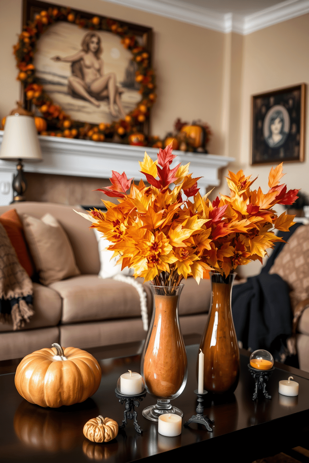 A cozy living room adorned with colorful autumn leaves arranged in elegant vases. The space features a warm color palette with rich oranges, deep reds, and golden yellows, complemented by plush seating and soft throw blankets. Halloween decorations add a playful touch, with subtle accents like miniature pumpkins and spooky candles. The atmosphere is inviting, perfect for enjoying the seasonal spirit with family and friends.