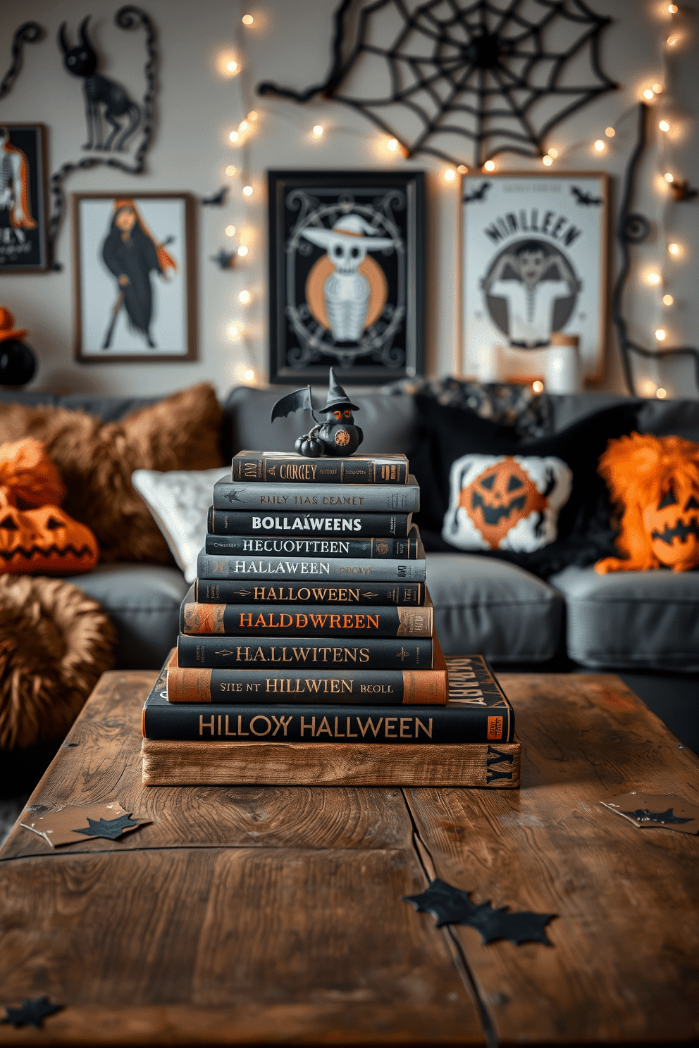 A cozy Halloween-themed living room featuring a decorative display of themed books stacked artfully on a rustic wooden coffee table. Surrounding the table are plush, orange and black cushions on a deep gray sofa, with a backdrop of spooky wall art and twinkling string lights.