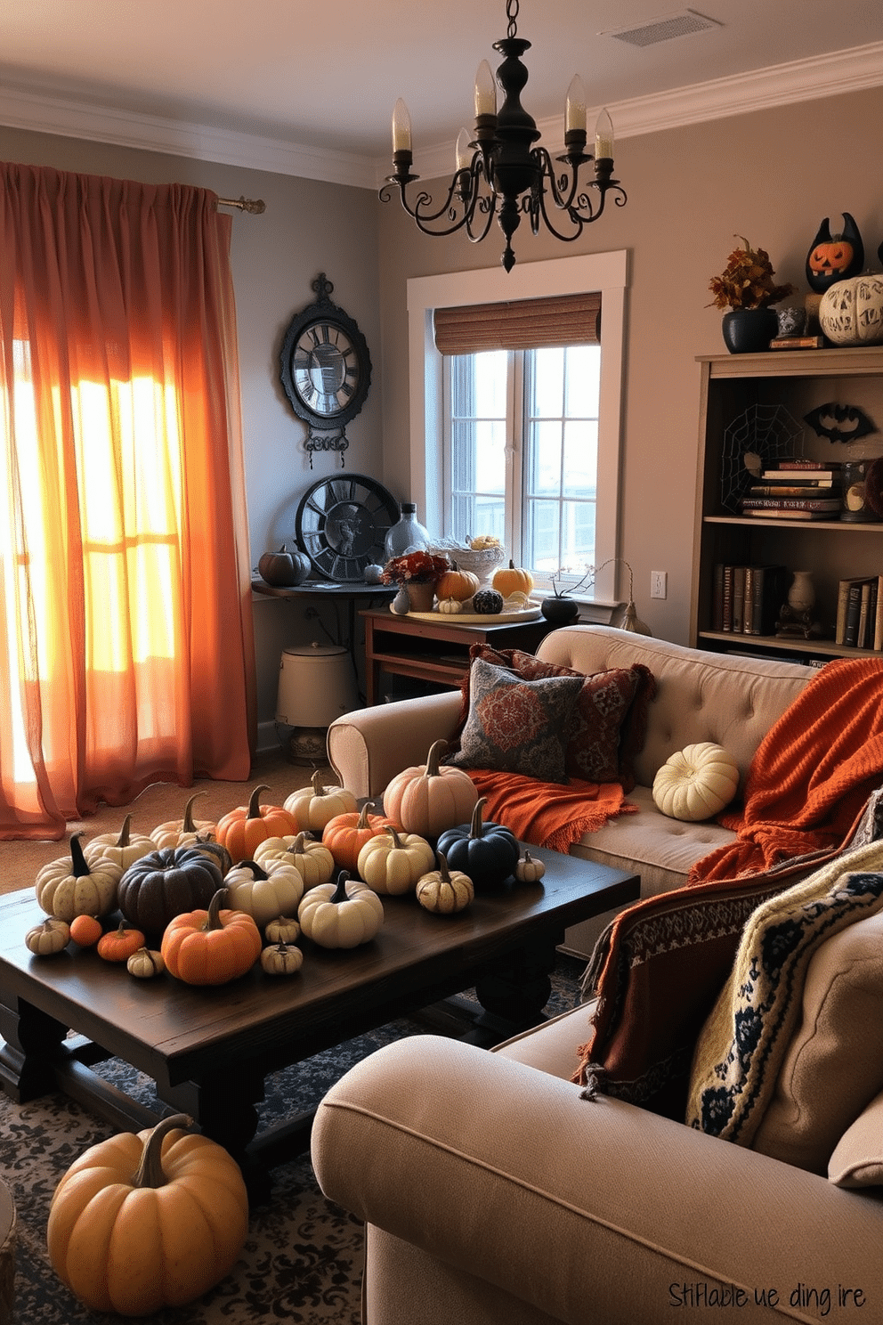 A cozy living room adorned with a mismatched collection of vintage pumpkins in various sizes and colors. The pumpkins are scattered across a rustic wooden coffee table, complemented by warm autumnal throws draped over a plush sofa. Soft golden light filters through sheer curtains, casting a warm glow on the eclectic decor. A vintage bookshelf in the corner displays spooky books and seasonal decorations, enhancing the Halloween spirit.