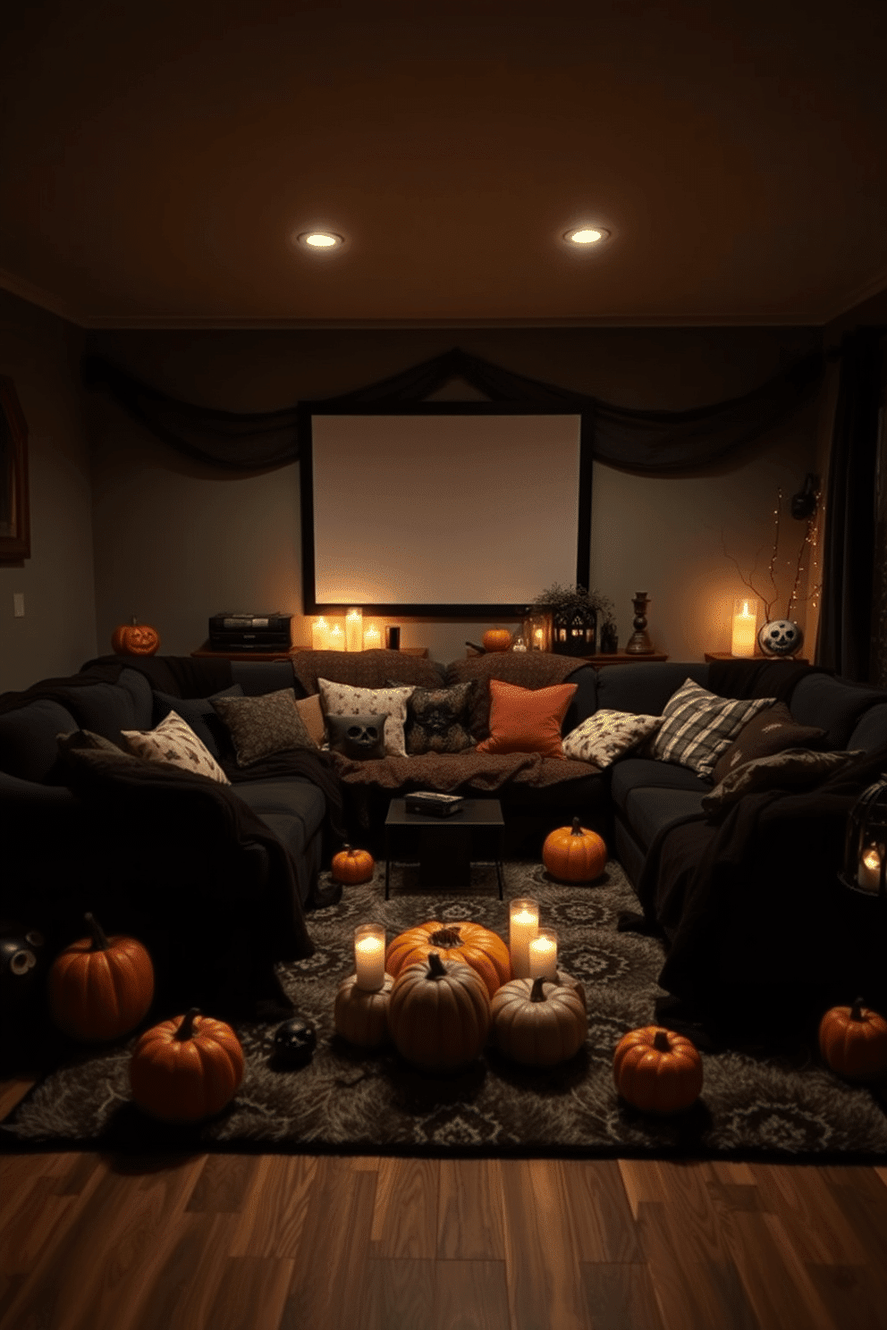 A cozy living room setup for a scary movie night. The space is adorned with plush blankets in dark colors, creating an inviting atmosphere. Pumpkins and spooky decorations are scattered around, enhancing the Halloween theme. Soft lighting from candles casts eerie shadows, making the room perfect for a thrilling film experience.