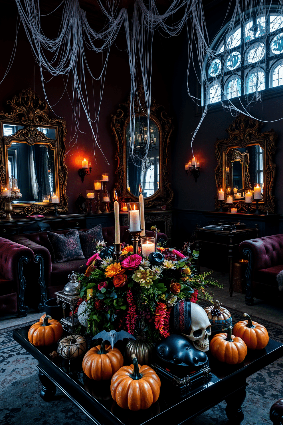 A gothic-style living room features ornate mirrors with intricate frames that reflect the dim candlelight. The walls are adorned with dark, rich colors, and the furniture includes plush velvet sofas and antique side tables. For Halloween, the decor includes cobwebs draping from the ceiling and strategically placed pumpkins with flickering candles inside. A large, dramatic centerpiece on the coffee table showcases a mix of seasonal flowers and eerie decorative elements like skulls and bats.