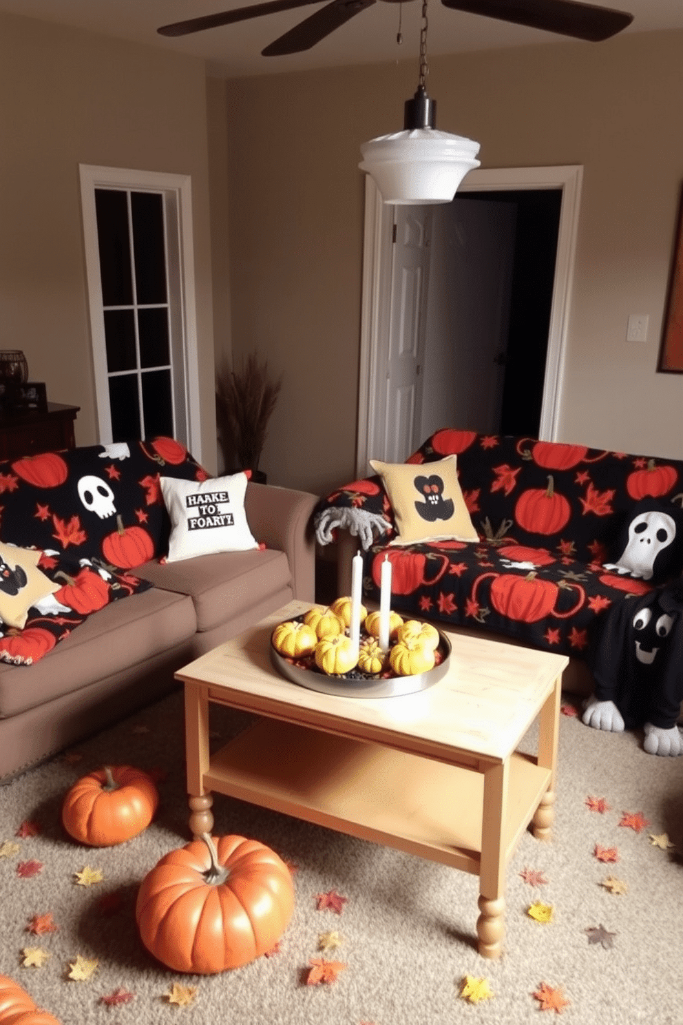 A cozy Halloween-themed living room features sofas adorned with vibrant throw blankets showcasing pumpkins, ghosts, and autumn leaves. The space is illuminated by soft, warm lighting, creating an inviting atmosphere perfect for gatherings. Scattered around the room are decorative pillows with spooky motifs, adding a playful touch to the seating area. A stylish coffee table is topped with a centerpiece of candles and small pumpkins, enhancing the festive decor.