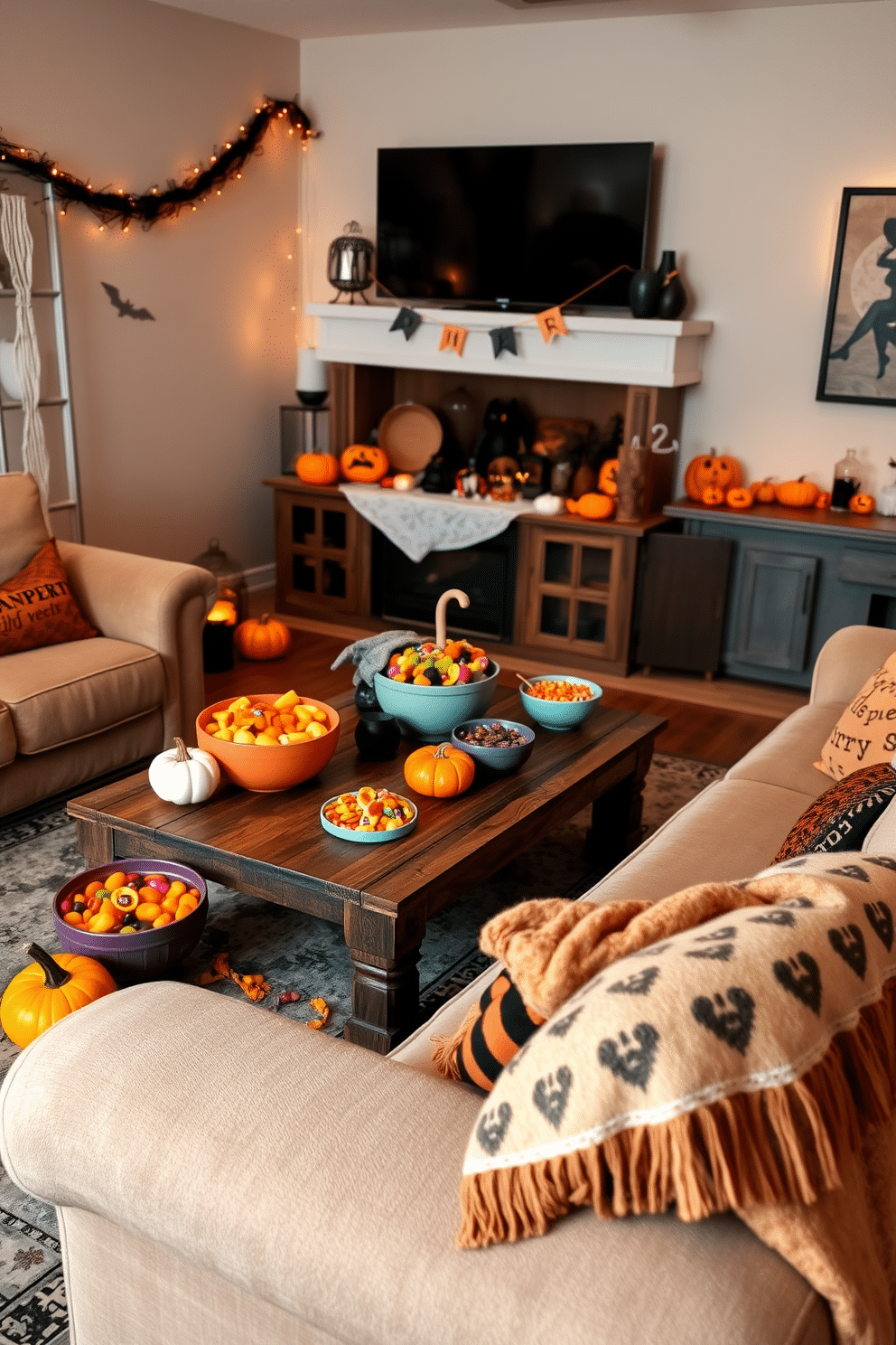 A cozy Halloween living room adorned with charming trick-or-treat candy bowls. The space features a rustic coffee table surrounded by plush sofas, with colorful bowls filled with assorted candies placed throughout. Soft, warm lighting creates an inviting atmosphere, highlighting autumn-themed decorations like mini pumpkins and spooky garlands. A whimsical throw blanket drapes over the arm of the sofa, adding a festive touch to the inviting setting.