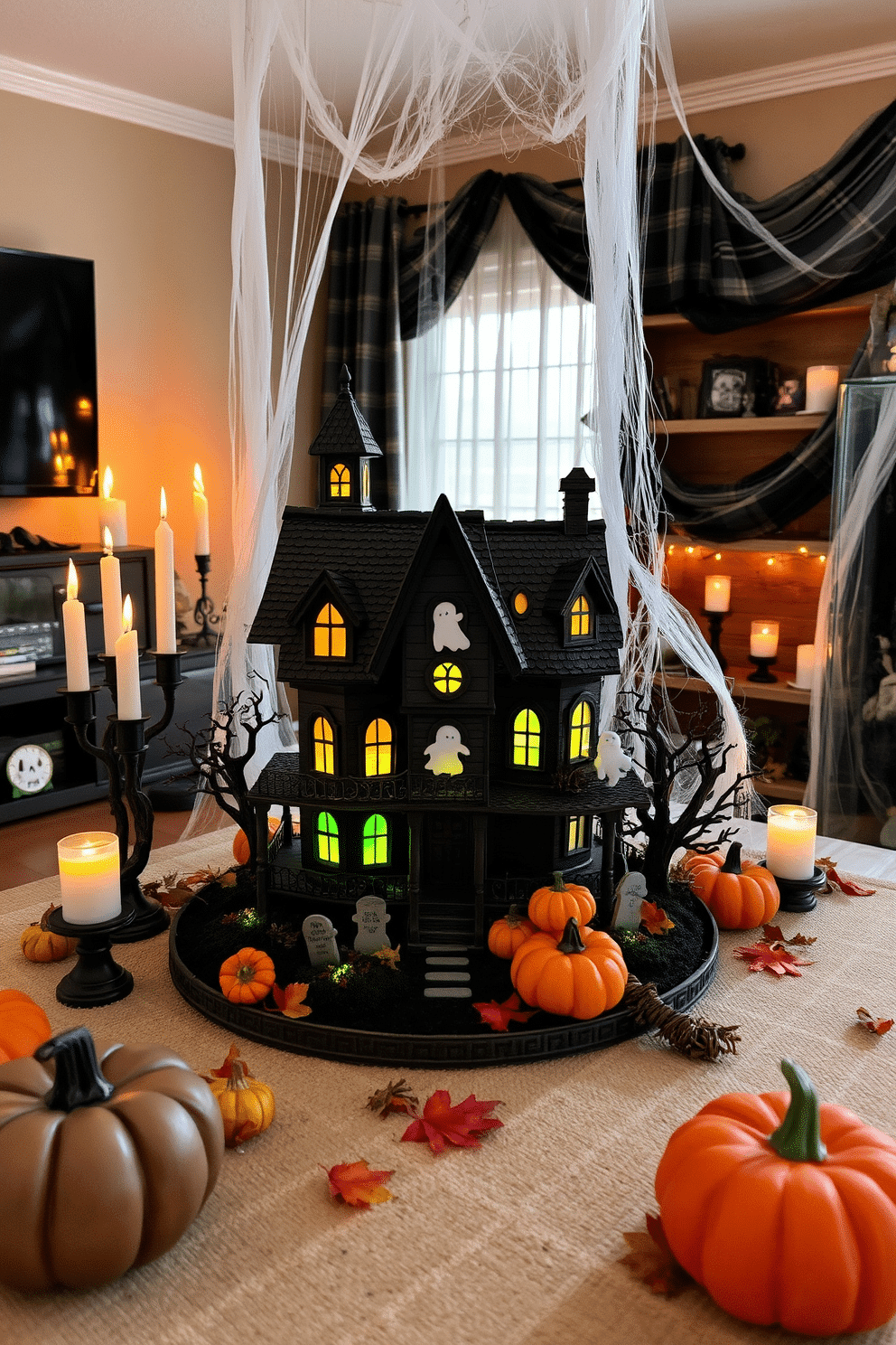 A whimsical miniature haunted house display is the centerpiece of the living room, surrounded by an array of spooky decorations. Flickering LED candles cast eerie shadows, while cobwebs drape elegantly from the corners, enhancing the Halloween atmosphere. The haunted house features intricate details like tiny ghosts peeking from the windows and miniature gravestones in the yard. Plush pumpkins and autumn leaves are scattered around, adding a cozy yet festive touch to the decor.