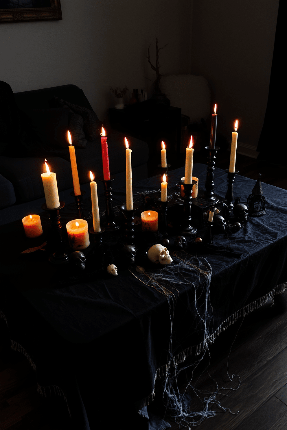 A spooky coffee table setting for Halloween. The table is adorned with various creepy candle arrangements in different heights, casting eerie shadows across the room. Dark, moody colors dominate the decor, with an assortment of black and orange accents. A tattered tablecloth drapes over the table, while small decorative skulls and cobwebs complete the haunting atmosphere.