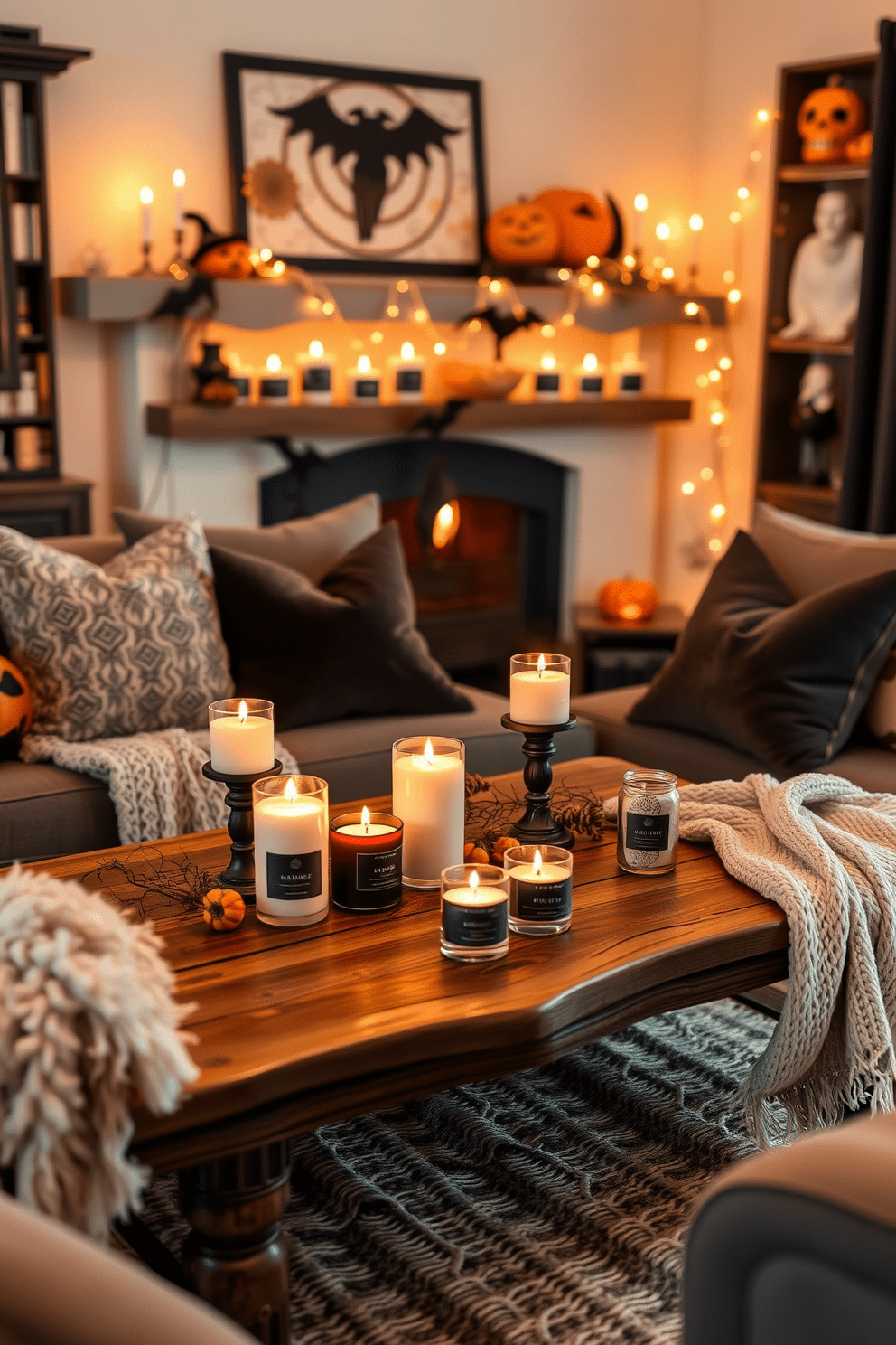 A cozy Halloween living room adorned with seasonal scented candles creating a warm ambiance. The candles are arranged on a rustic wooden coffee table surrounded by plush, dark-colored cushions and a soft throw blanket.