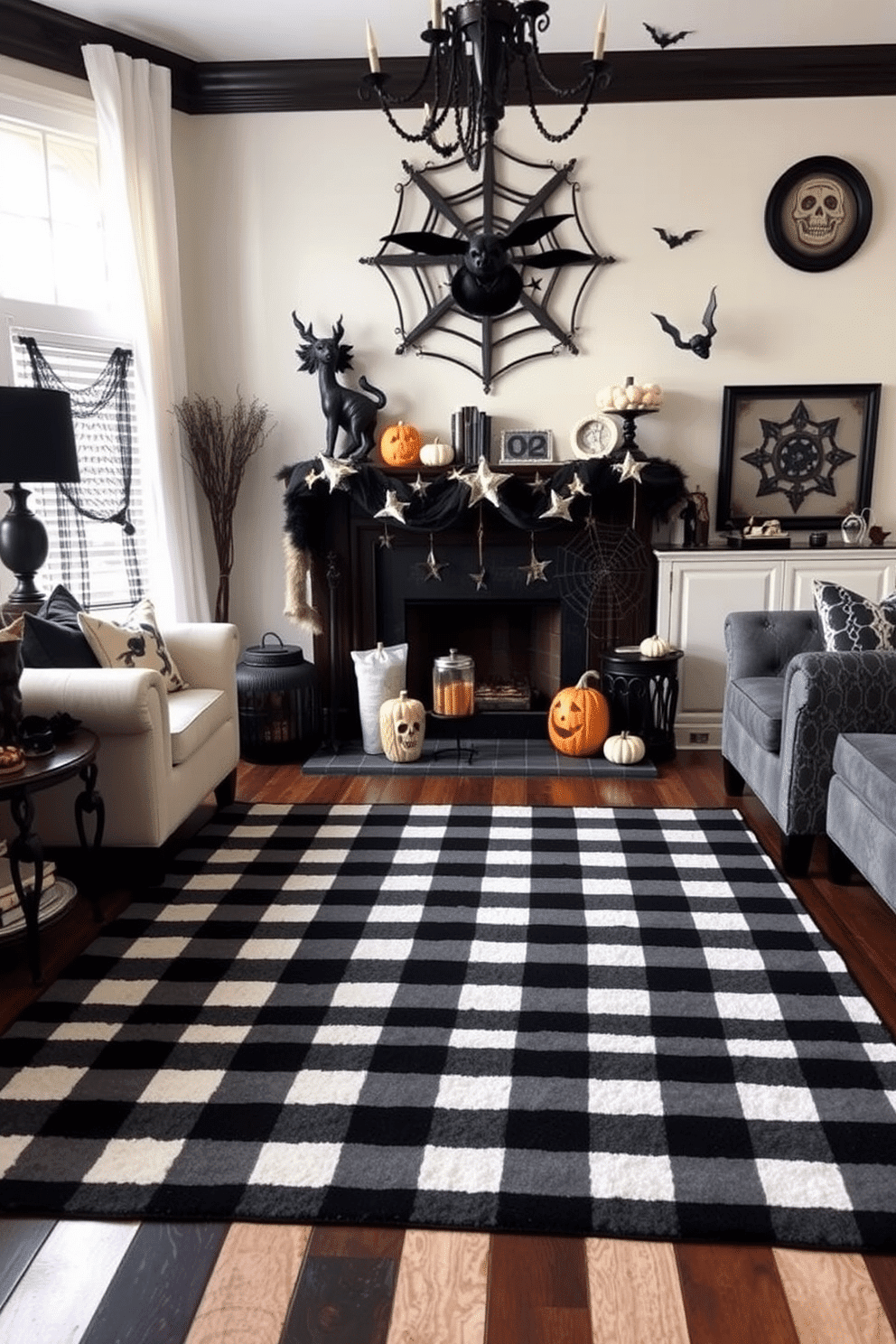 A stylish Halloween-themed living room featuring a black and white striped rug as the focal point. The room is adorned with seasonal decorations, including carved pumpkins and spooky wall art, creating a festive yet elegant atmosphere.