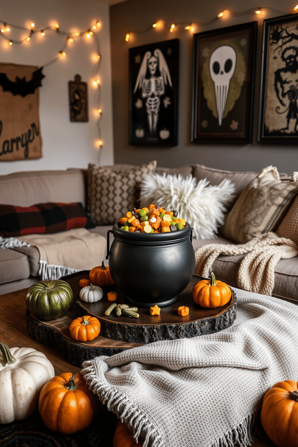 A cozy Halloween living room setting. A decorative cauldron filled with colorful treats sits on a rustic coffee table surrounded by plush pillows and a soft throw blanket. The walls are adorned with spooky artwork and string lights that cast a warm glow. Pumpkins of various sizes are scattered around the room, adding a festive touch to the inviting atmosphere.