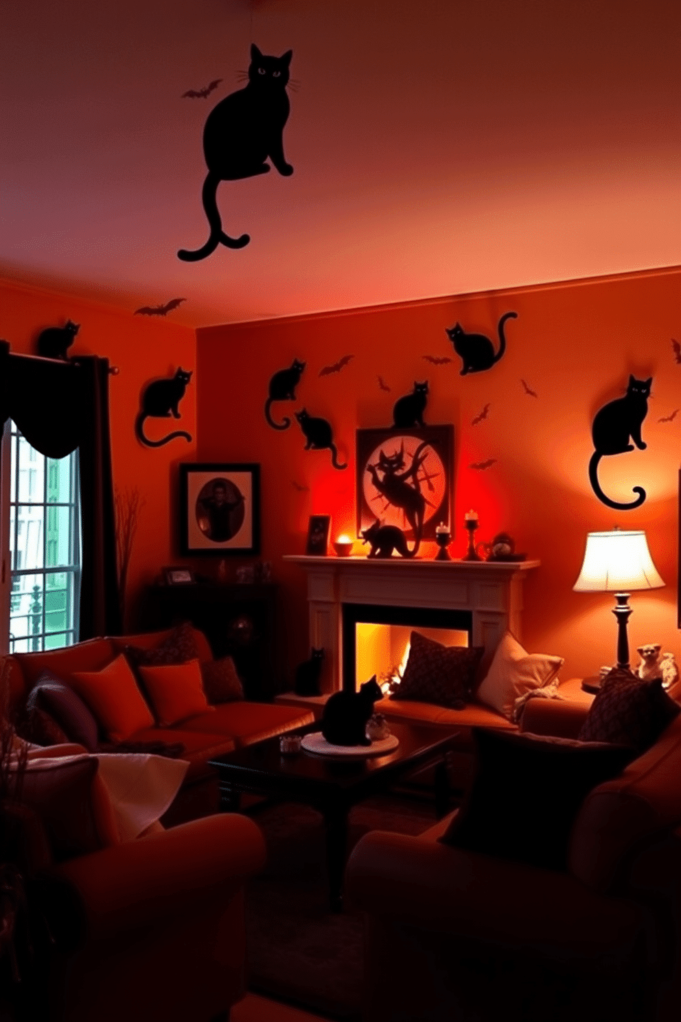 A cozy Halloween living room is adorned with silhouetted black cats playfully positioned on the walls. The space features a warm color palette with orange and purple accents, complemented by soft lighting that enhances the festive atmosphere.