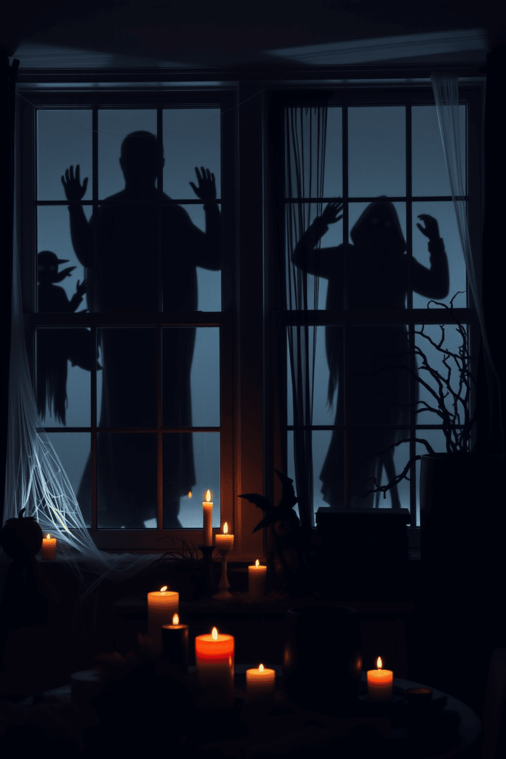 Ghostly silhouettes cast eerie shadows in the window frames, creating a haunting atmosphere for Halloween. The living room is adorned with cobwebs, flickering candles, and dark, moody decor to enhance the spooky vibe.