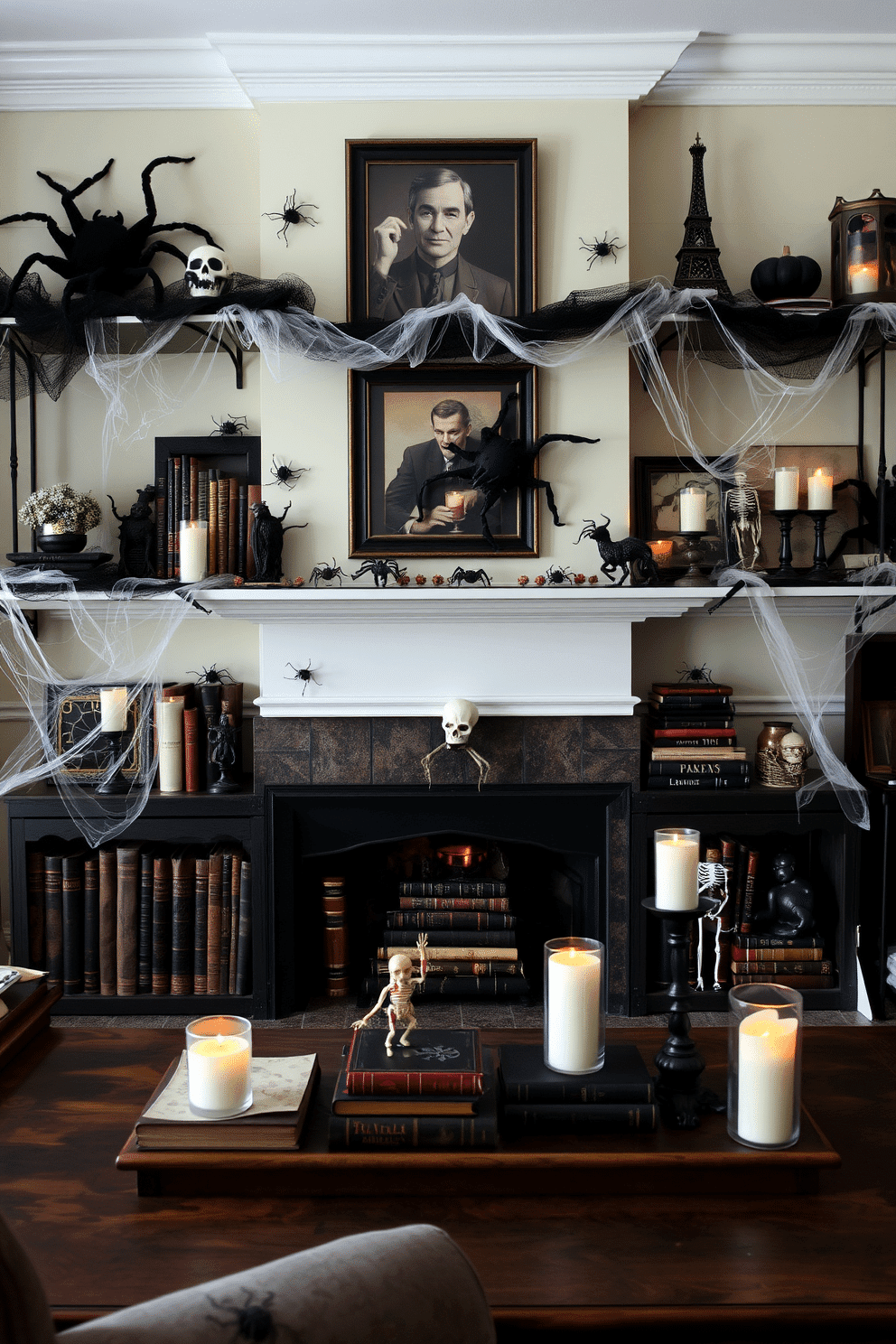 A Halloween-themed living room with shelves adorned with creepy crawly decorations. Spiders, cobwebs, and small skeletons are artfully arranged among vintage books and candles, creating an eerie yet inviting atmosphere.