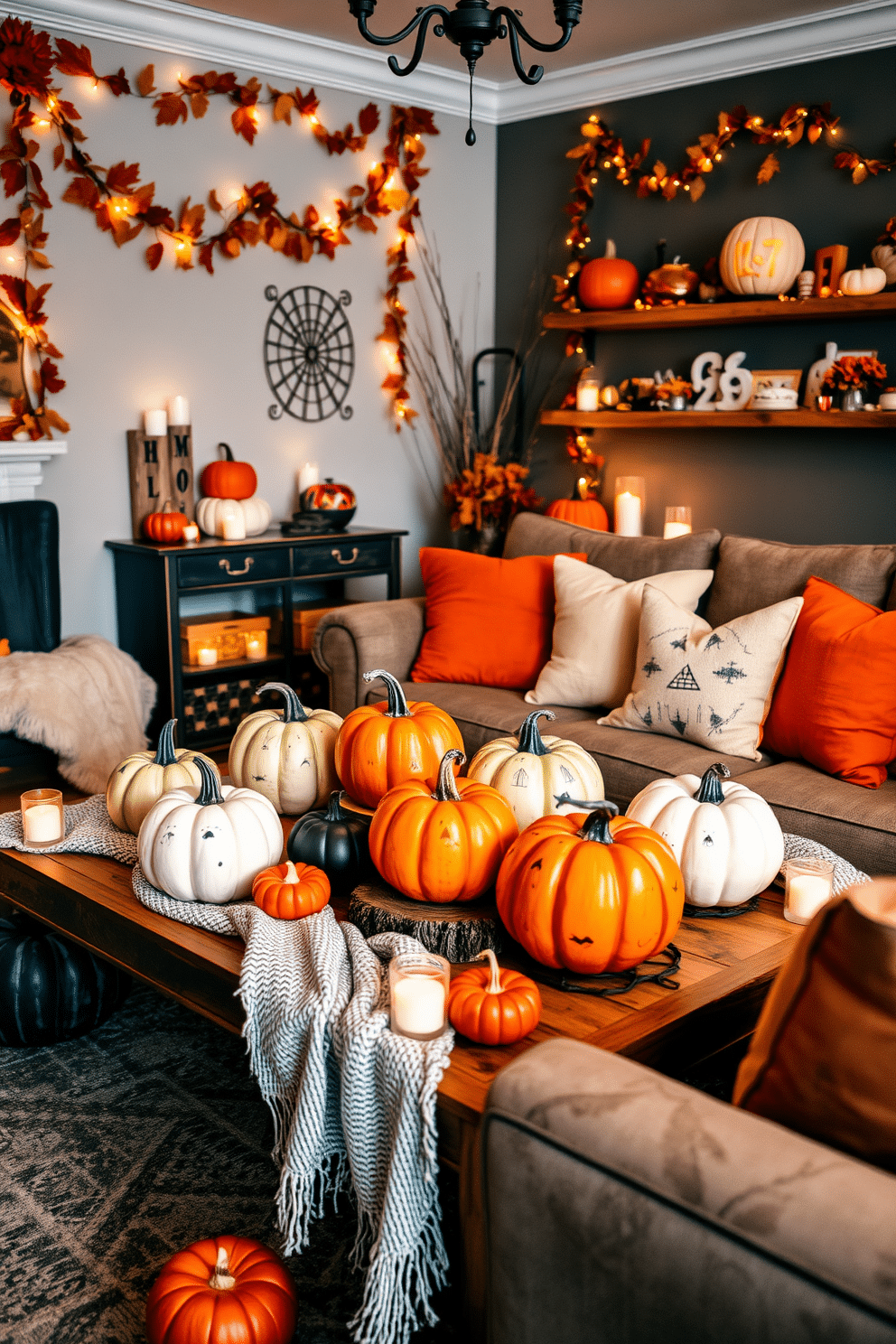 A cozy Halloween living room filled with artfully arranged painted pumpkins in various sizes and colors. The pumpkins are displayed on a rustic wooden coffee table, surrounded by soft, warm blankets and flickering candles. The walls are adorned with autumn-themed decorations, featuring garlands of leaves and twinkling fairy lights. A plush sofa with orange and cream cushions invites guests to relax and enjoy the festive atmosphere.