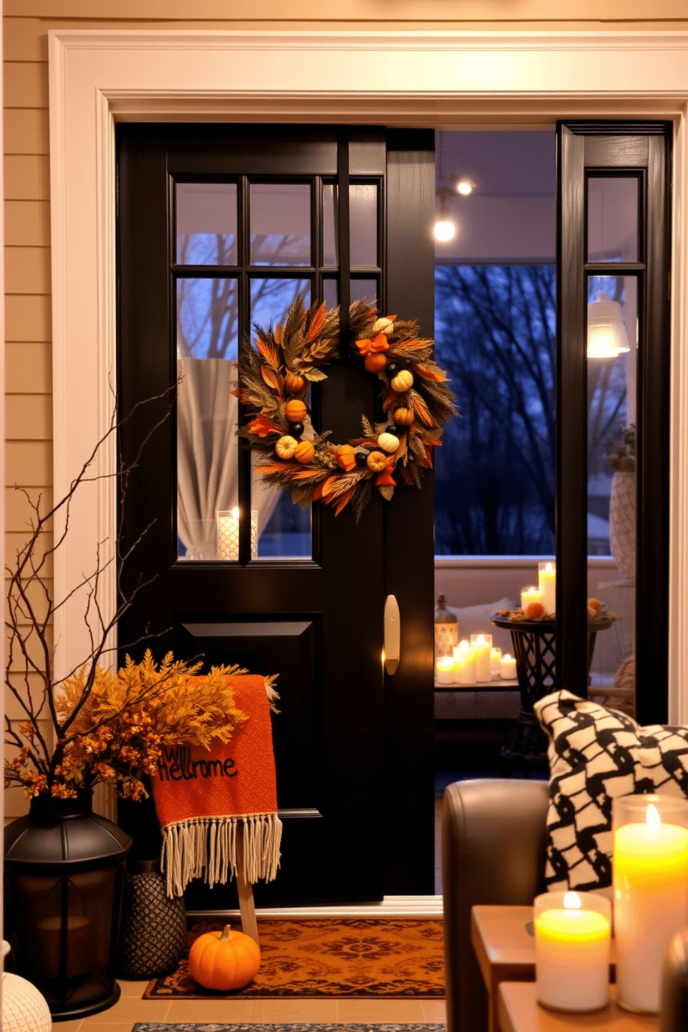 A seasonal wreath adorned with orange and black accents hangs on the front door, welcoming guests with a festive touch. Inside, the living room is transformed with cozy throw blankets, pumpkin decor, and flickering candlelight to create a warm and inviting atmosphere for Halloween.