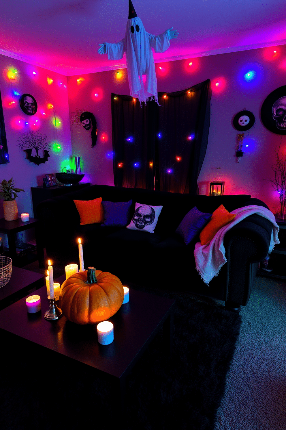 A cozy Halloween-themed living room filled with mood lighting from colored bulbs. The walls are adorned with spooky decorations and a plush black sofa is accented with orange and purple throw pillows. A large pumpkin sits on the coffee table surrounded by flickering candles. A ghostly figure hangs from the ceiling, and the floor is covered with a soft, dark rug to enhance the inviting atmosphere.