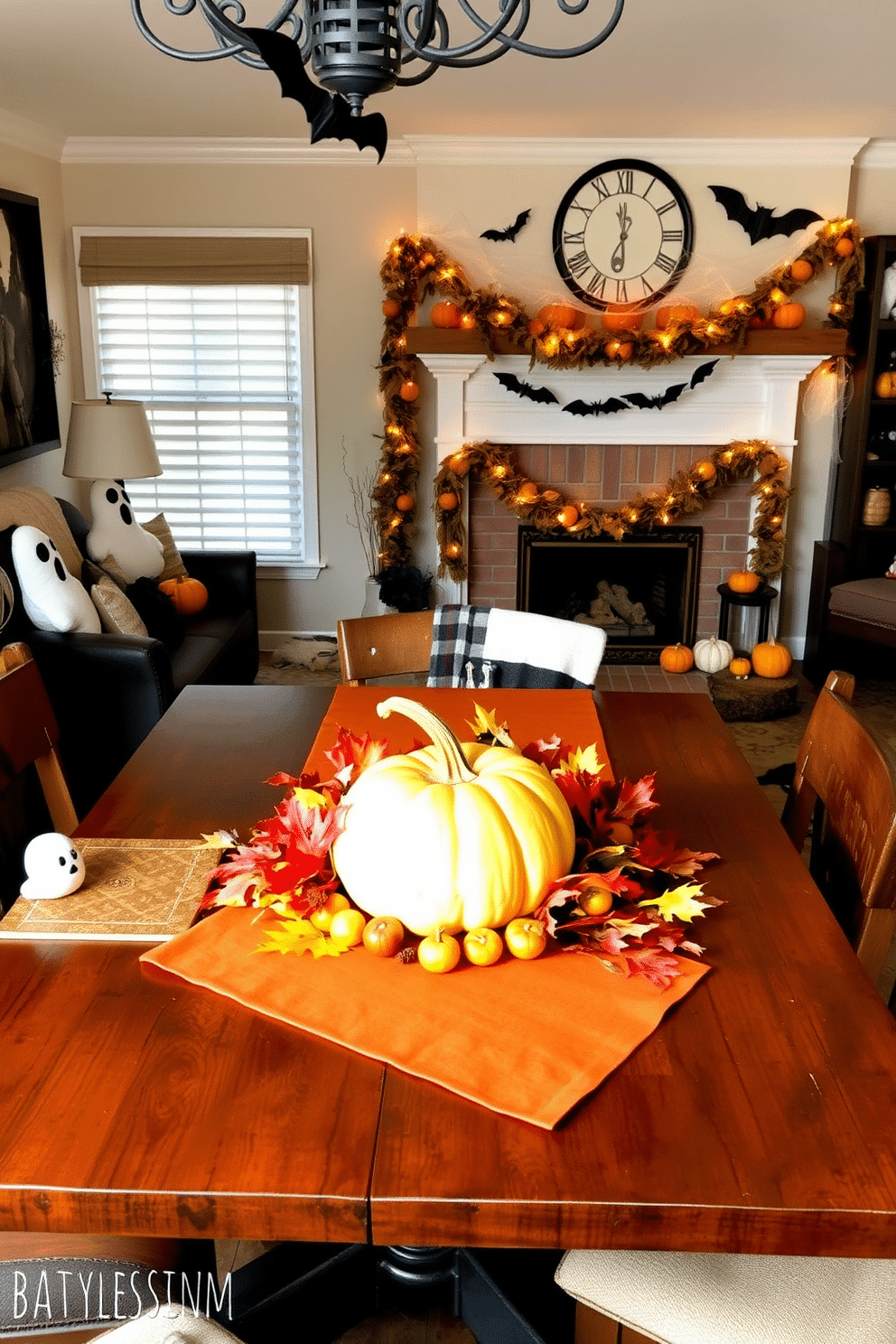 A charming autumn-themed table setting features a rustic wooden table adorned with a vibrant orange tablecloth. Centered on the table is a large pumpkin surrounded by an array of colorful fall leaves and small gourds. The Halloween living room is decorated with whimsical touches like ghost-shaped cushions and string lights shaped like bats. A cozy fireplace is adorned with a garland of faux cobwebs and miniature pumpkins, creating an inviting atmosphere.