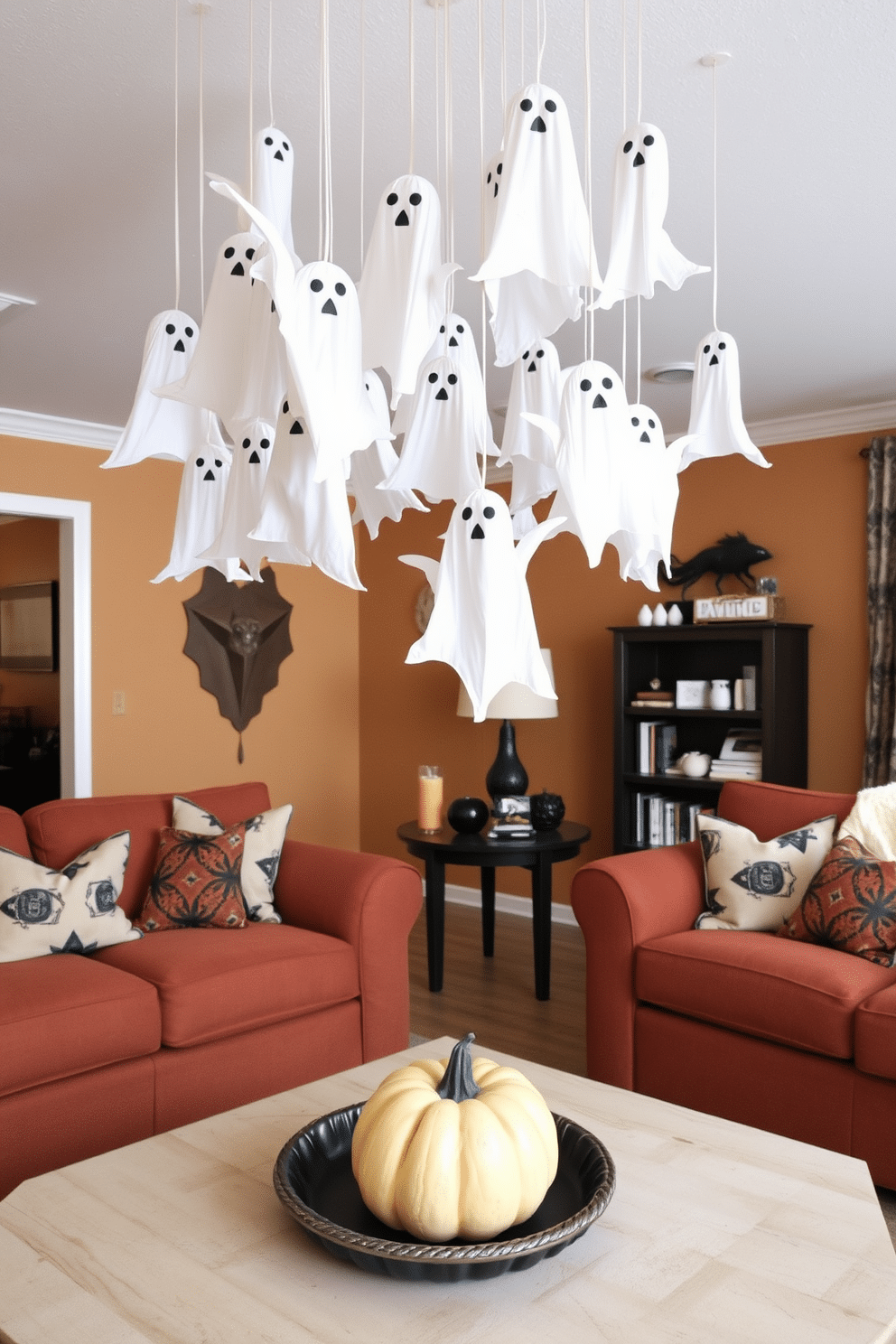 Create a cozy Halloween living room with hanging ghost decorations from the ceiling. The room features a warm color palette, with plush sofas adorned with seasonal throw pillows and a decorative pumpkin centerpiece on the coffee table.