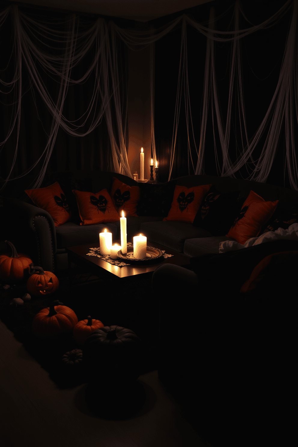 A spooky Halloween living room setting. There are cobwebs draped across the corners and dim, flickering candles on the coffee table. Pumpkins of various sizes are scattered around, some carved with menacing faces. A dark, plush sofa is adorned with orange and black throw pillows, adding to the festive yet eerie ambiance.