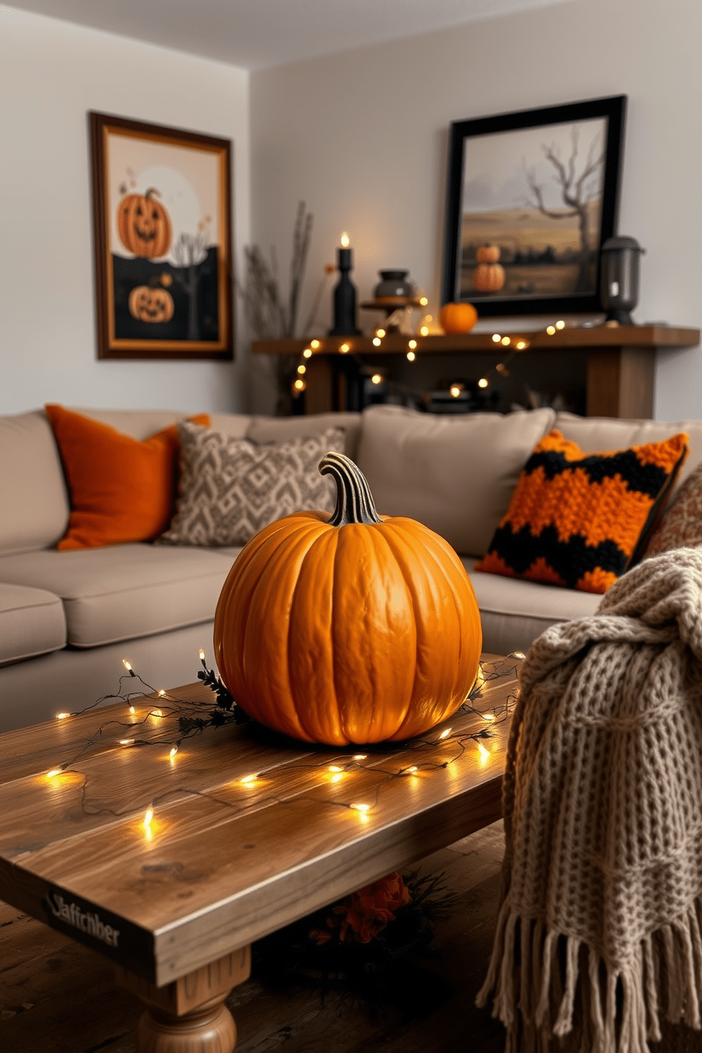 A cozy living room adorned for Halloween features a large pumpkin centerpiece placed on a rustic wooden coffee table. Surrounding the pumpkin are twinkling fairy lights that create a warm and inviting atmosphere, enhancing the seasonal decor. The walls are decorated with autumn-themed artwork, and plush throw pillows in orange and black add a festive touch to the sofa. A soft, woven blanket drapes over the armrest, inviting guests to relax and enjoy the seasonal charm.