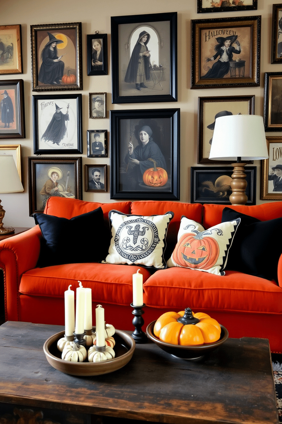 A cozy living room adorned with vintage Halloween-themed wall art. The walls are decorated with framed prints of classic Halloween imagery, including witches, pumpkins, and ghosts, creating a festive atmosphere. A plush sofa in deep orange is accented with black and white throw pillows featuring spooky designs. A rustic coffee table holds a collection of antique candles and a bowl filled with decorative gourds, enhancing the seasonal charm.