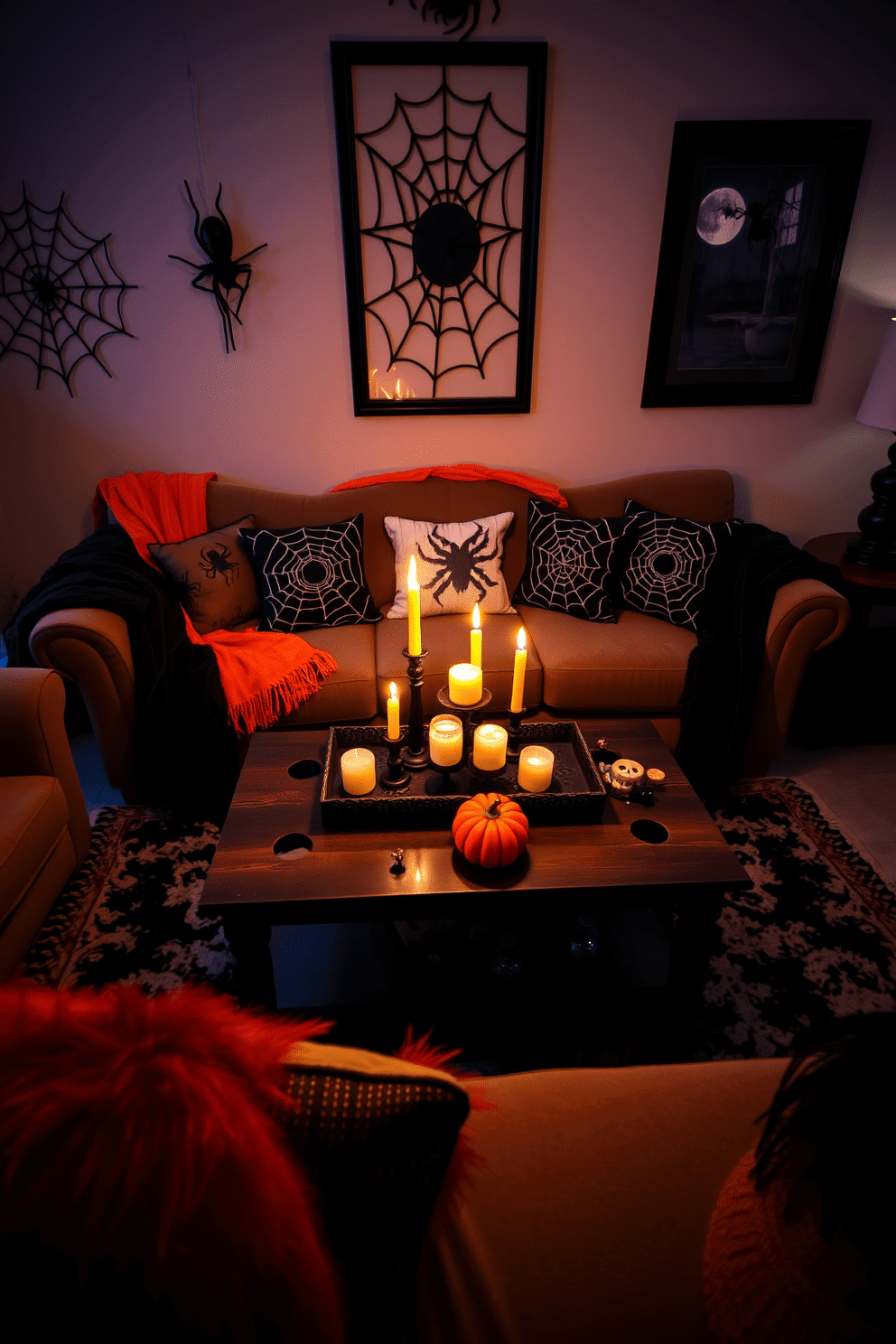 A cozy Halloween living room featuring furniture adorned with spider web accents. The space includes a plush sofa draped with black and orange throw blankets, while decorative pillows display spooky motifs. In the center, a coffee table is topped with a decorative tray holding candles shaped like pumpkins. The walls are adorned with eerie artwork, and dim lighting creates a hauntingly inviting atmosphere.