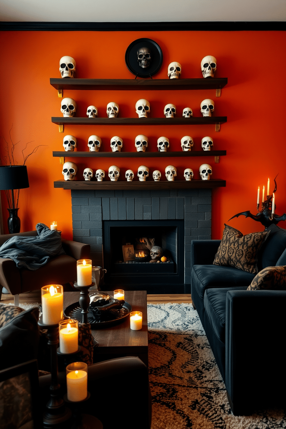 A cozy living room adorned with decorative skulls displayed on sleek wooden shelves. The walls are painted in a deep orange hue, complemented by plush black sofas and flickering candlelight for an inviting Halloween ambiance.