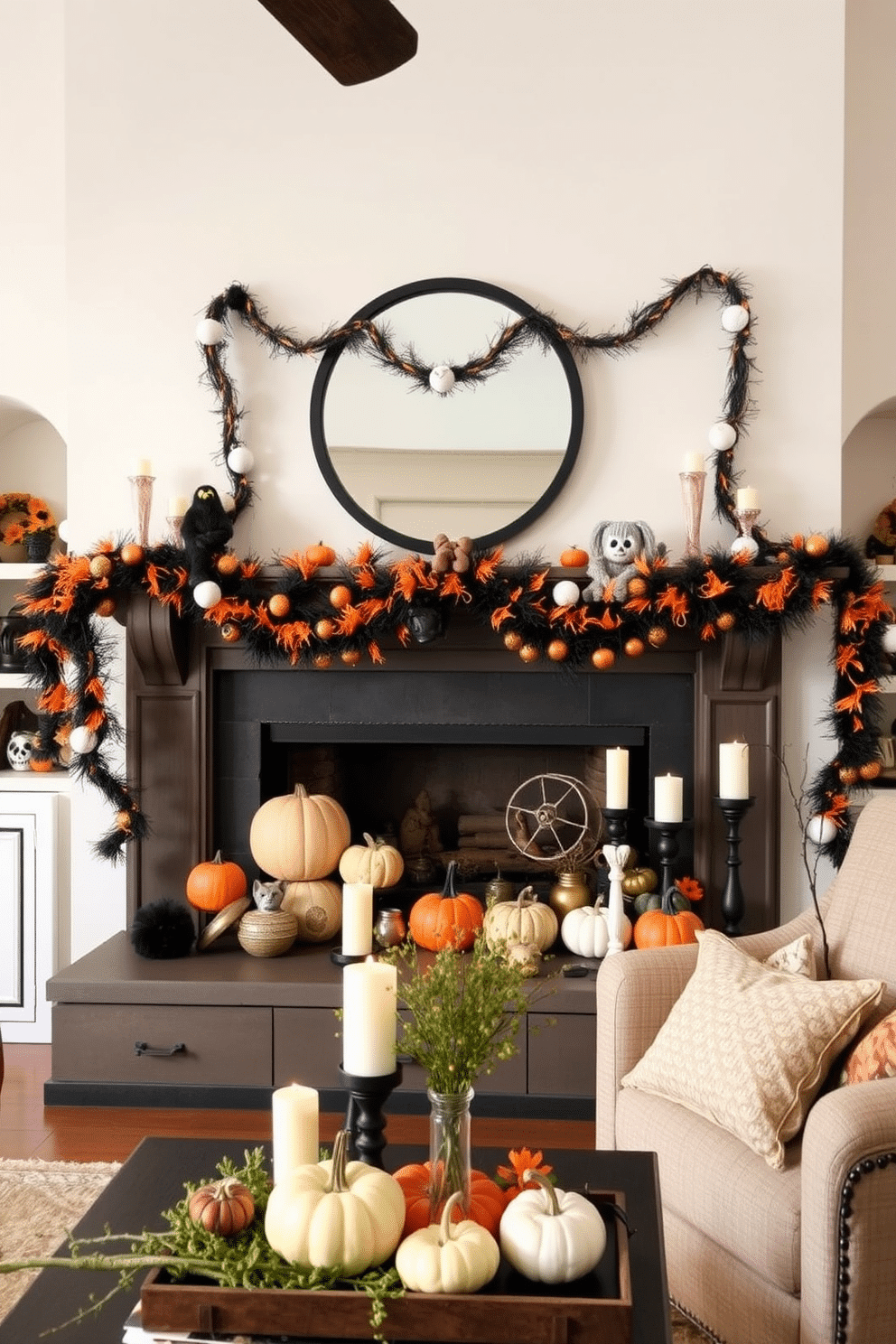 A cozy living room adorned with festive Halloween garlands draped elegantly across the mantel. The mantel is decorated with an assortment of pumpkins, candles, and whimsical decorations that capture the spirit of the season.