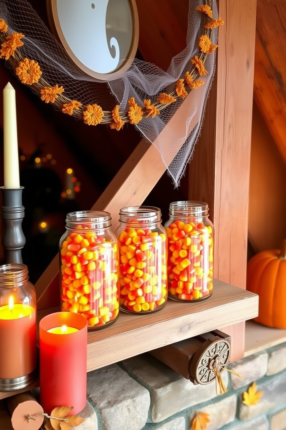 A cozy loft decorated for Halloween features decorative glass jars filled with vibrant candy corn. The jars are artfully arranged on a rustic wooden shelf, surrounded by flickering candlelight and autumn-themed accents.