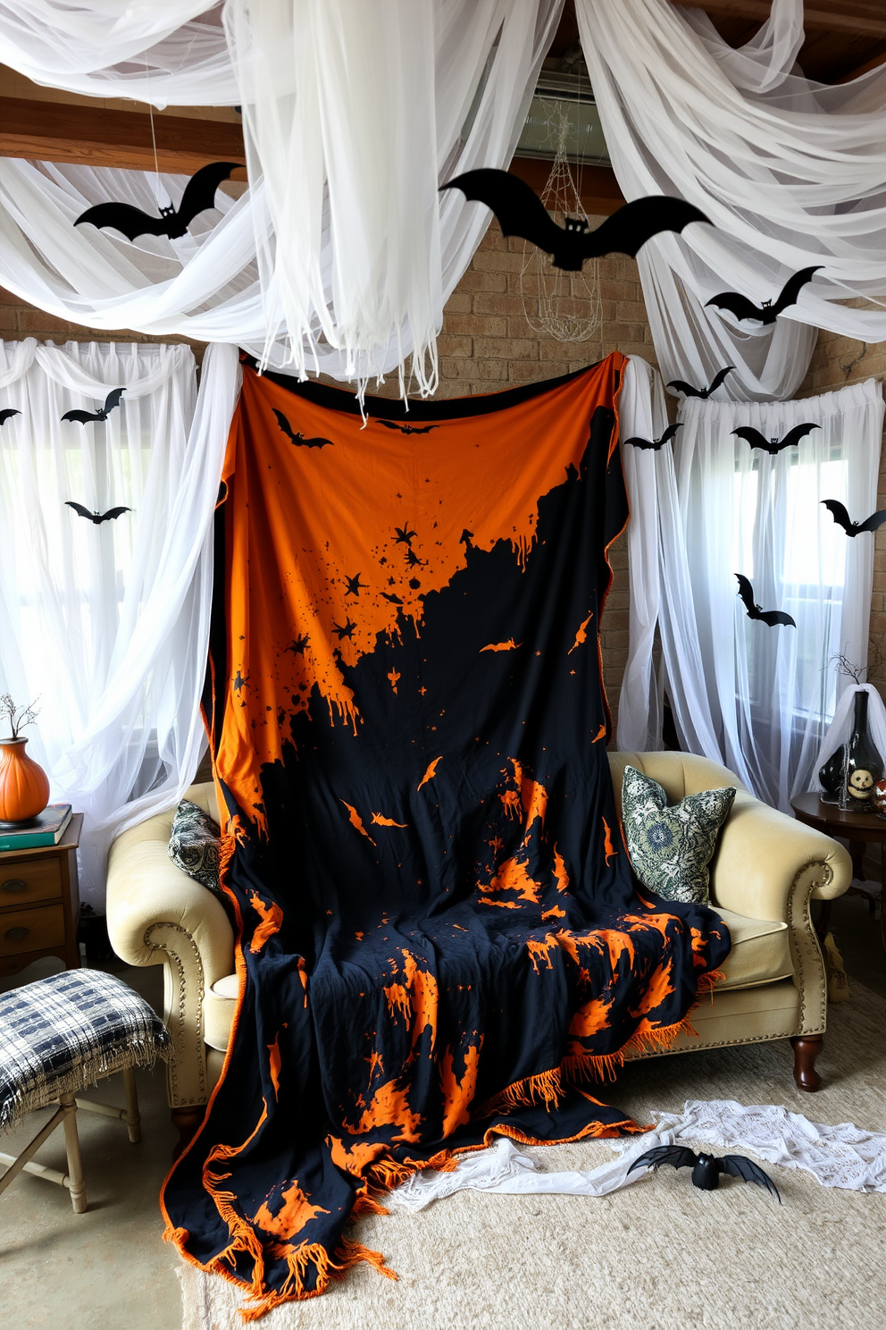 A whimsical Halloween loft with freaky fabric draped over vintage furniture. The space features a large, tattered orange and black throw blanket casually thrown over a plush sofa, creating a cozy yet eerie atmosphere. Hanging from the ceiling are ghostly white sheer curtains that billow gently in the breeze. Spooky decorations like cobwebs and playful bats are scattered throughout, adding to the festive charm.