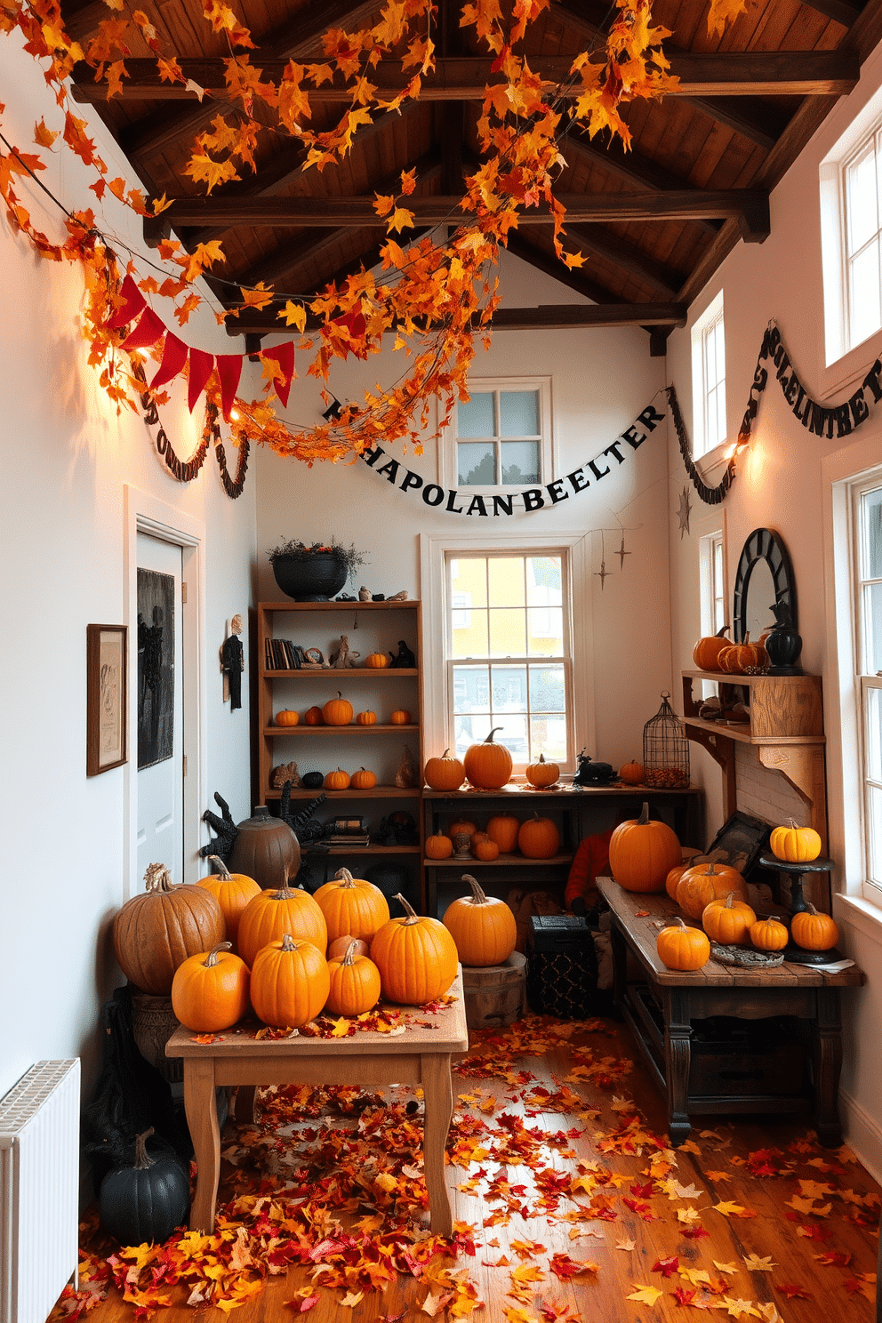 A cozy loft adorned with autumn leaves scattered across wooden surfaces. Warm lighting enhances the inviting atmosphere, creating a perfect backdrop for Halloween decorations. Pumpkins of various sizes are placed on shelves and tables, adding a festive touch. Spooky-themed garlands drape along the walls, complementing the seasonal decor.