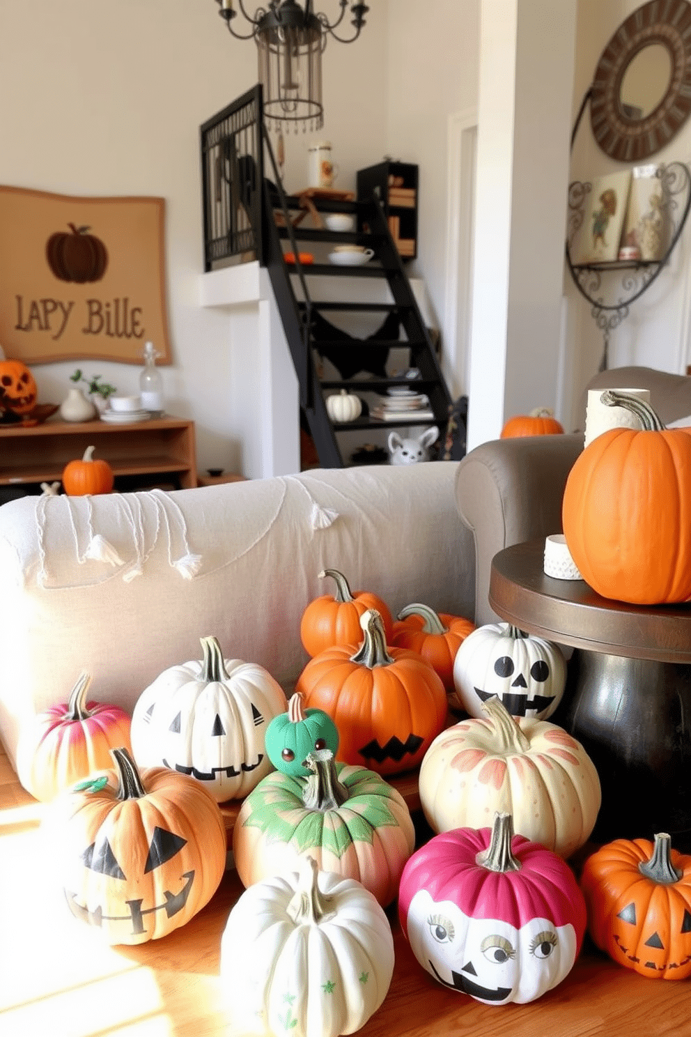 A cozy loft space decorated for Halloween features a collection of DIY painted pumpkins in various sizes scattered around. The pumpkins are adorned with whimsical designs and vibrant colors, adding a festive touch to the warm, inviting atmosphere of the loft.