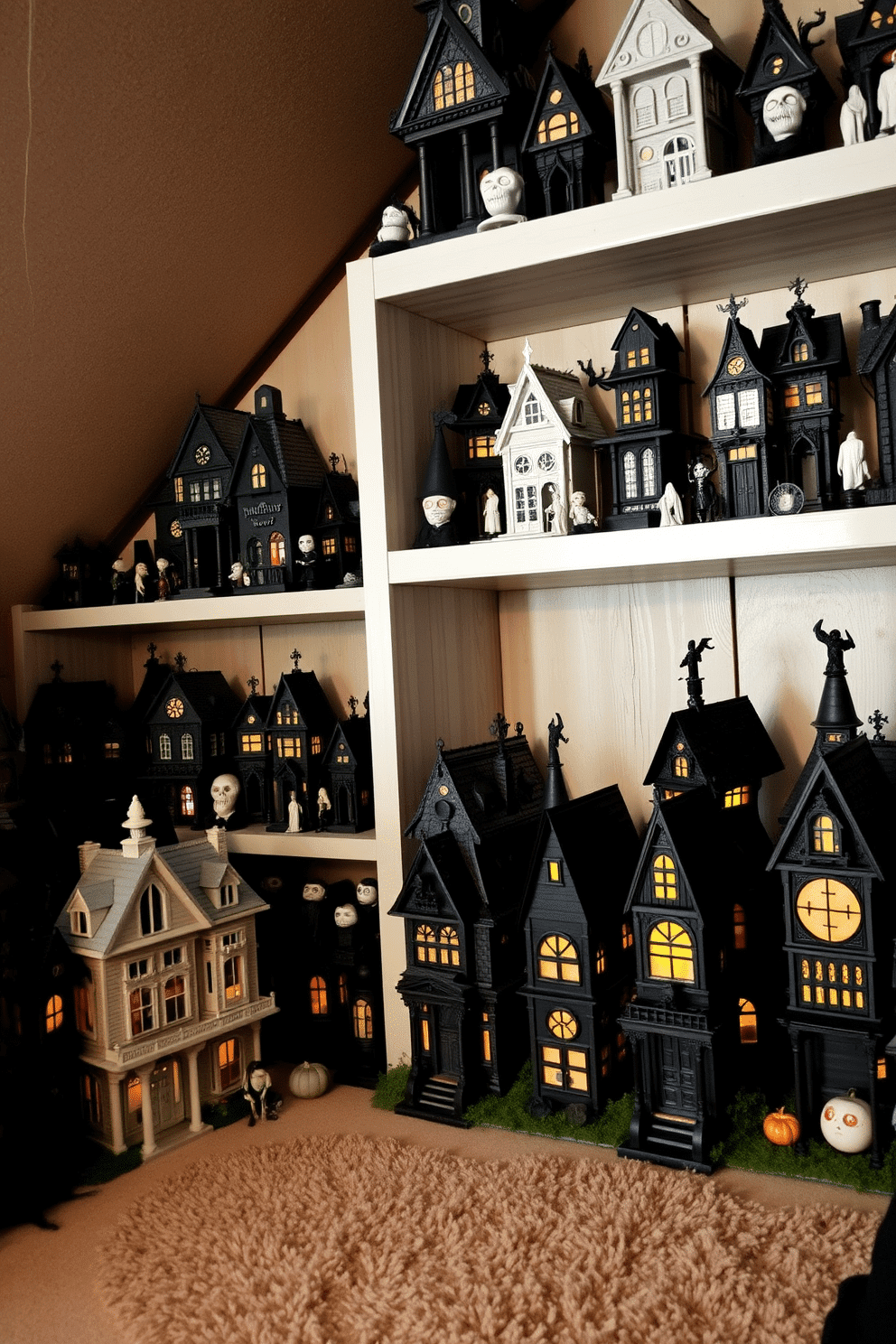 A cozy loft space adorned with haunted house figurines in various sizes. The shelves are filled with intricate details, creating a whimsical yet spooky atmosphere perfect for Halloween.