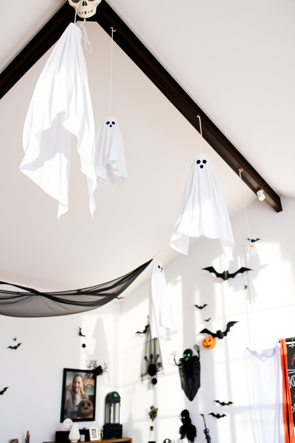 Create a whimsical Halloween loft setting featuring hanging ghosts made from white sheets. The ghosts sway gently from the ceiling, casting playful shadows on the walls adorned with spooky decorations.