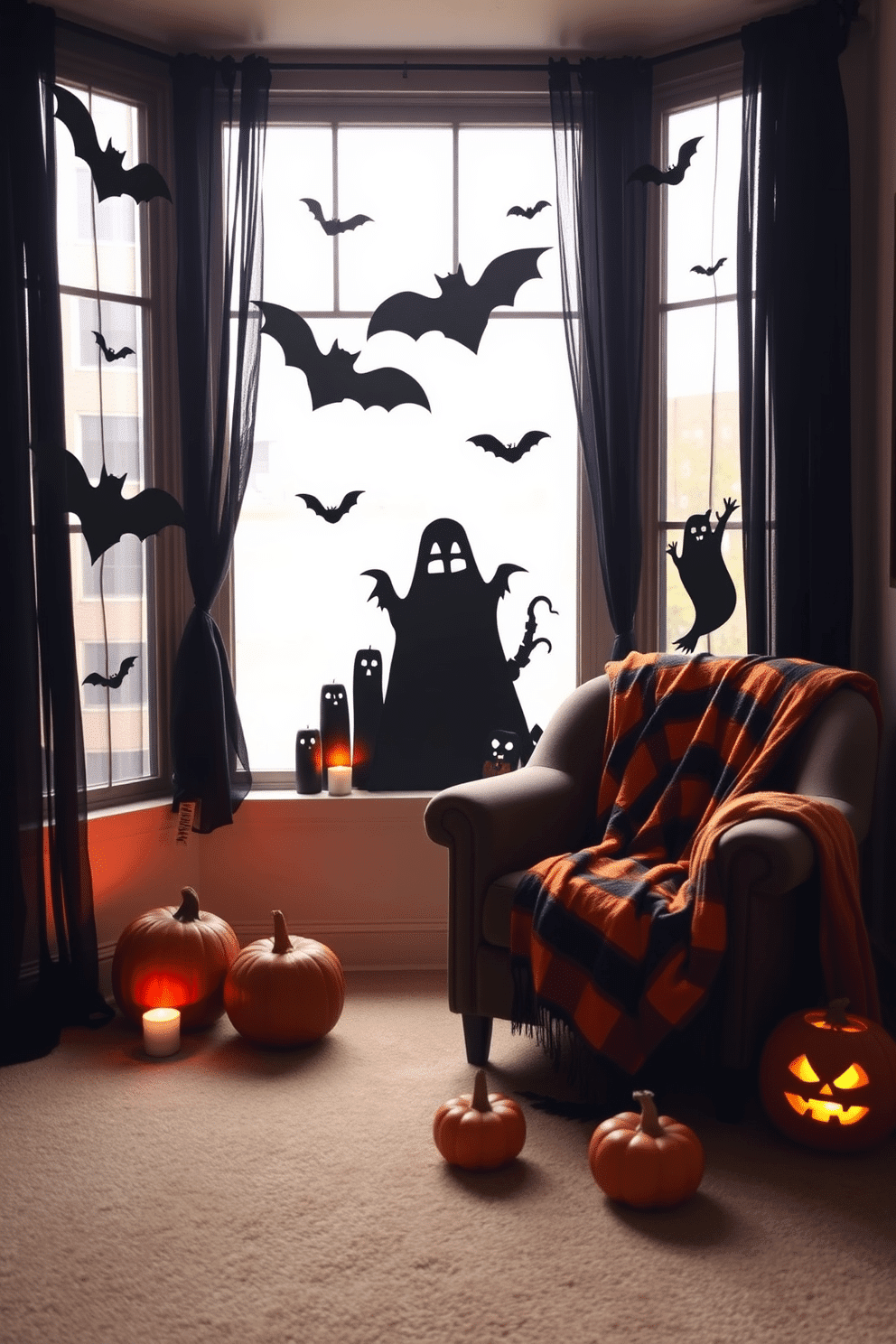 A cozy loft space decorated for Halloween features silhouette window clings of bats and ghosts that create an eerie atmosphere. The windows are adorned with sheer black curtains, allowing just enough light to filter through while enhancing the spooky vibe. In the corner, a plush armchair is draped with an orange and black throw blanket, inviting guests to relax. Surrounding the chair are carved pumpkins with flickering candles inside, casting a warm glow throughout the room.