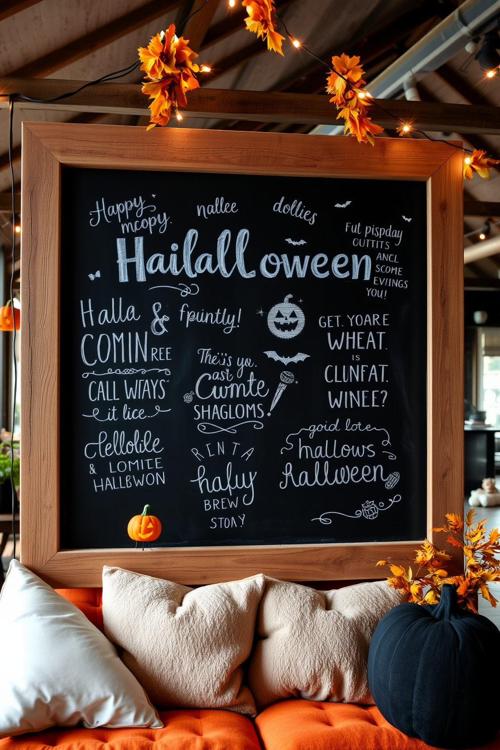 A chalkboard filled with whimsical Halloween quotes and playful drawings captures the festive spirit of the season. The background features a cozy loft setting adorned with string lights and autumn-themed decorations. The chalkboard is framed in rustic wood, adding a touch of warmth to the space. Surrounding it, plush cushions and seasonal decor create an inviting atmosphere perfect for Halloween celebrations.