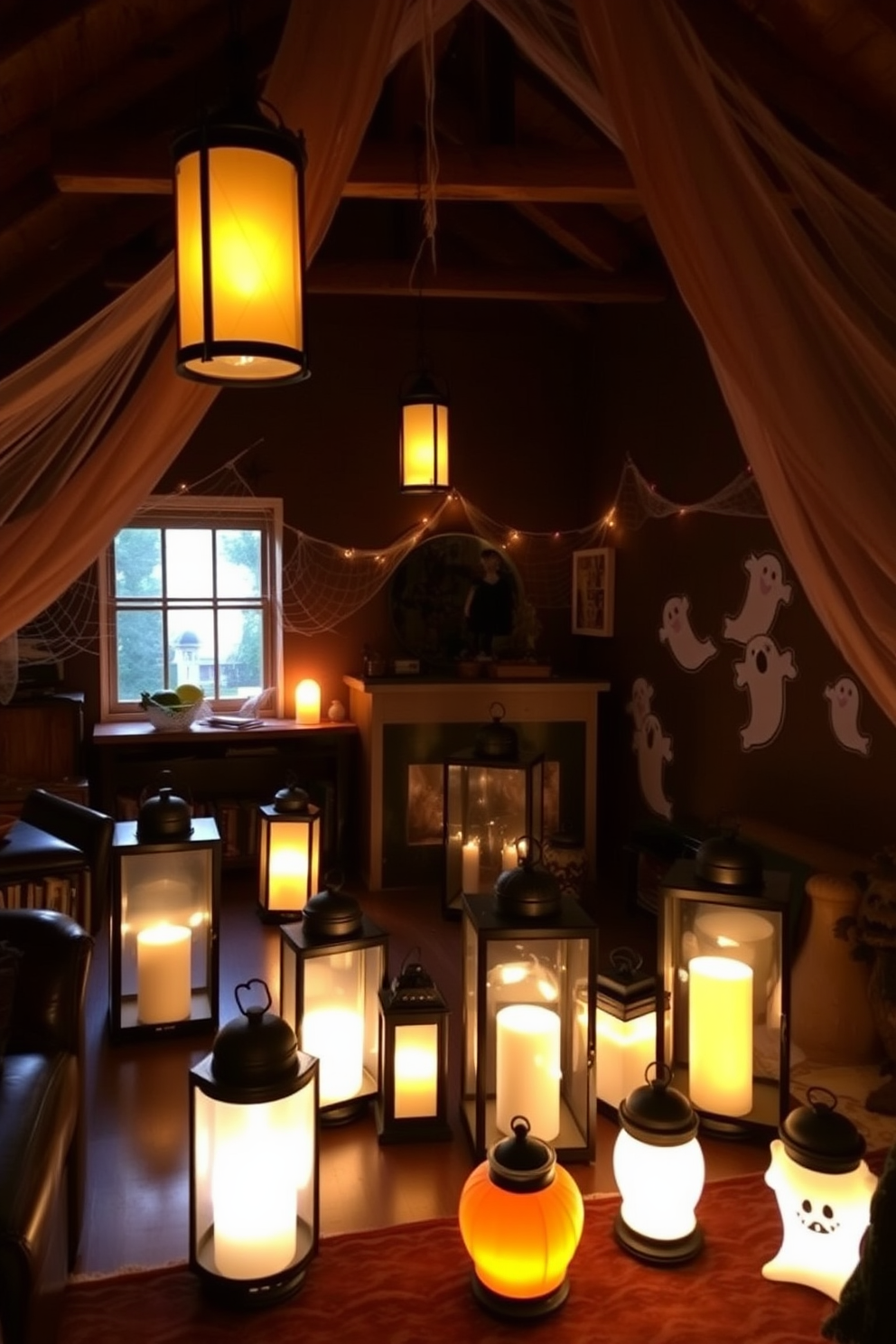 A cozy loft decorated for Halloween features lanterns casting an eerie glow throughout the space. The walls are adorned with whimsical spider webs and playful ghosts, creating a festive atmosphere.