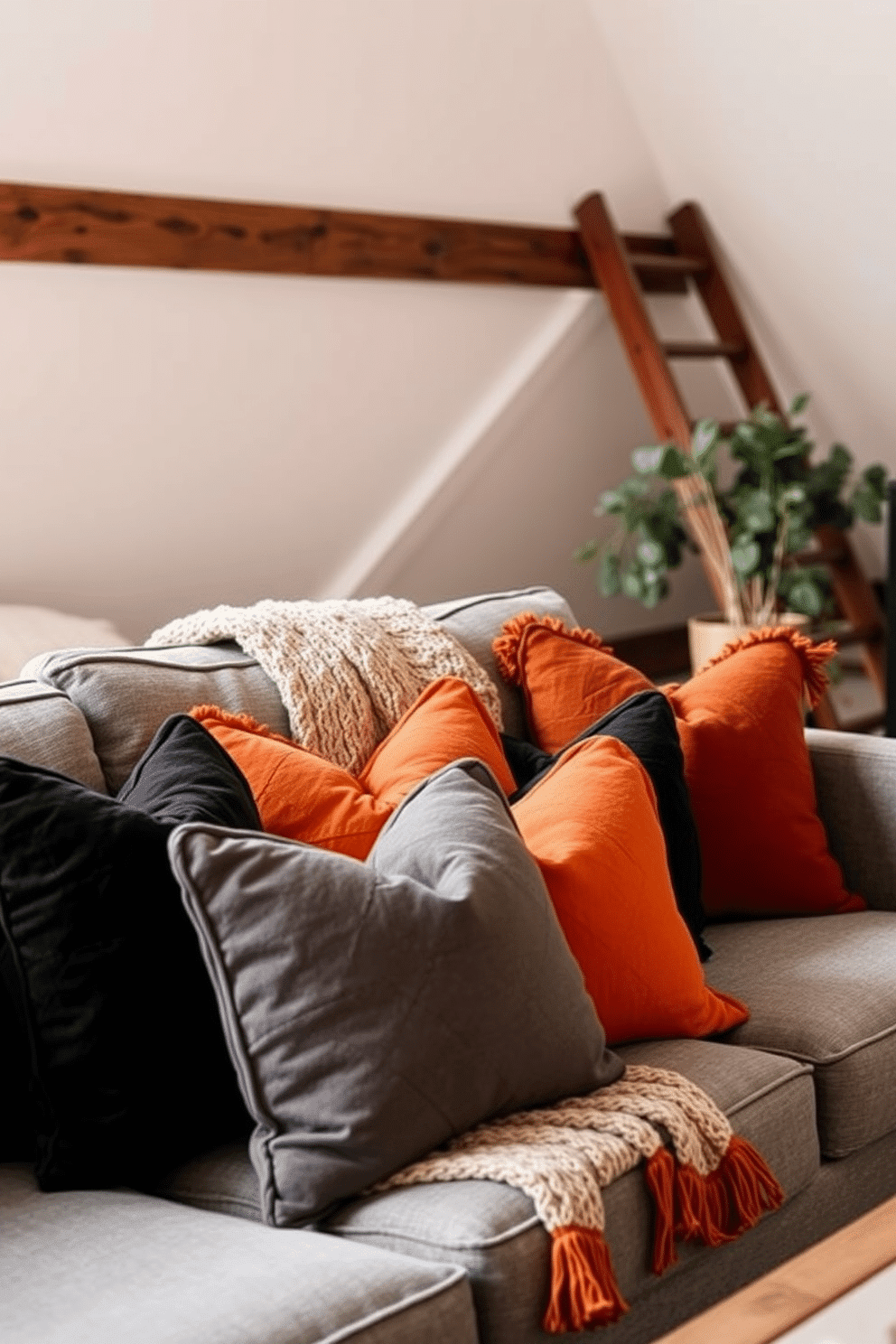 A cozy loft space adorned with black and orange throw pillows that add a touch of comfort and seasonal charm. The pillows are arranged on a plush gray sofa, complemented by a soft knitted blanket draped over the armrest.