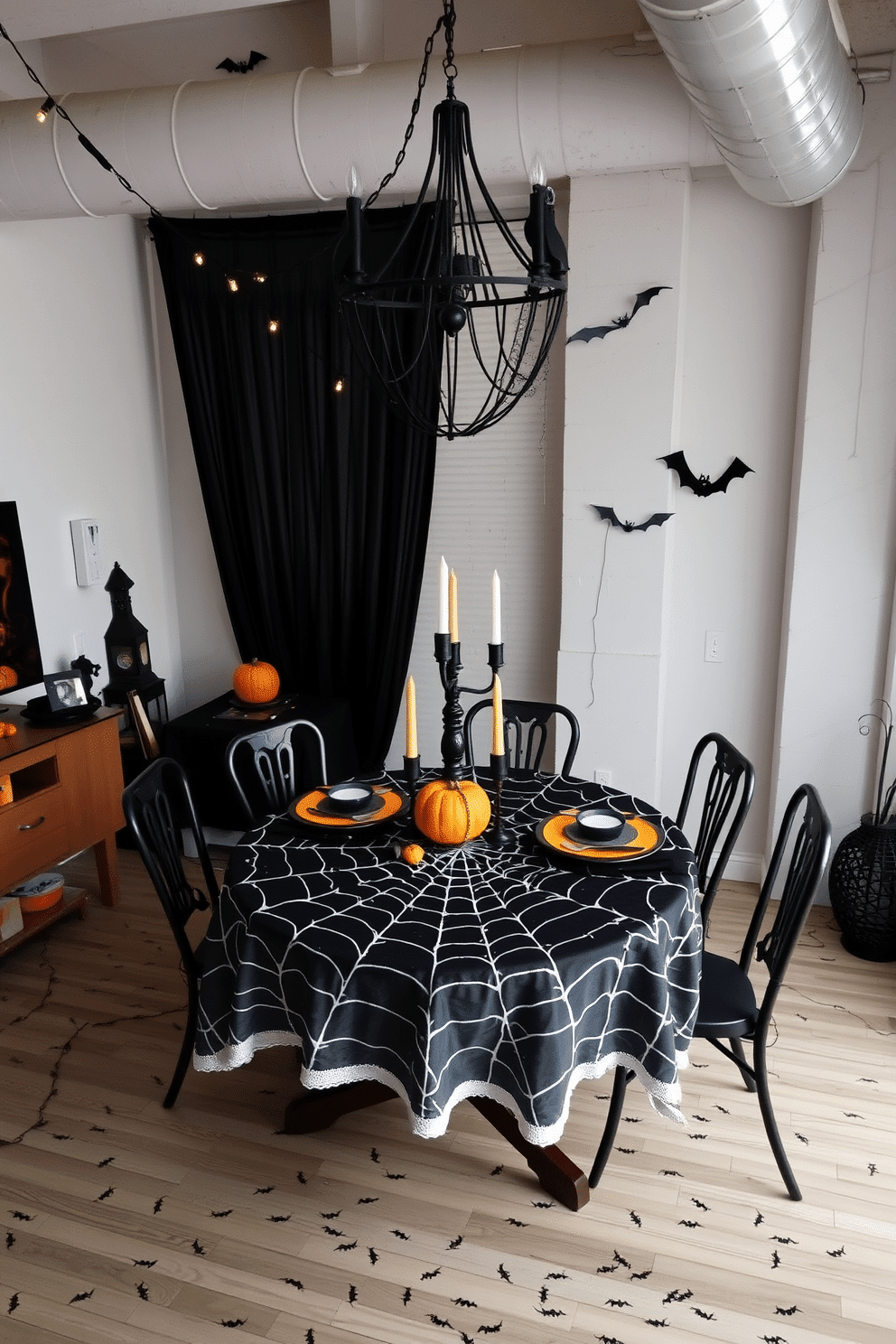 A whimsical loft setting decorated for Halloween. The dining table is adorned with a spider web tablecloth, creating a festive flair that invites guests to gather around.