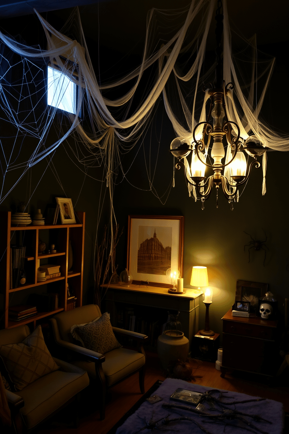 A cozy loft space transformed for Halloween with unexpected creepy crawlies lurking in the corners. Spider webs drape from the ceiling, while rubber spiders and insects are strategically placed on shelves and furniture. The walls are adorned with dark, moody colors, creating an eerie atmosphere. A vintage chandelier flickers with dim light, casting shadows that enhance the haunting vibe of the decor.