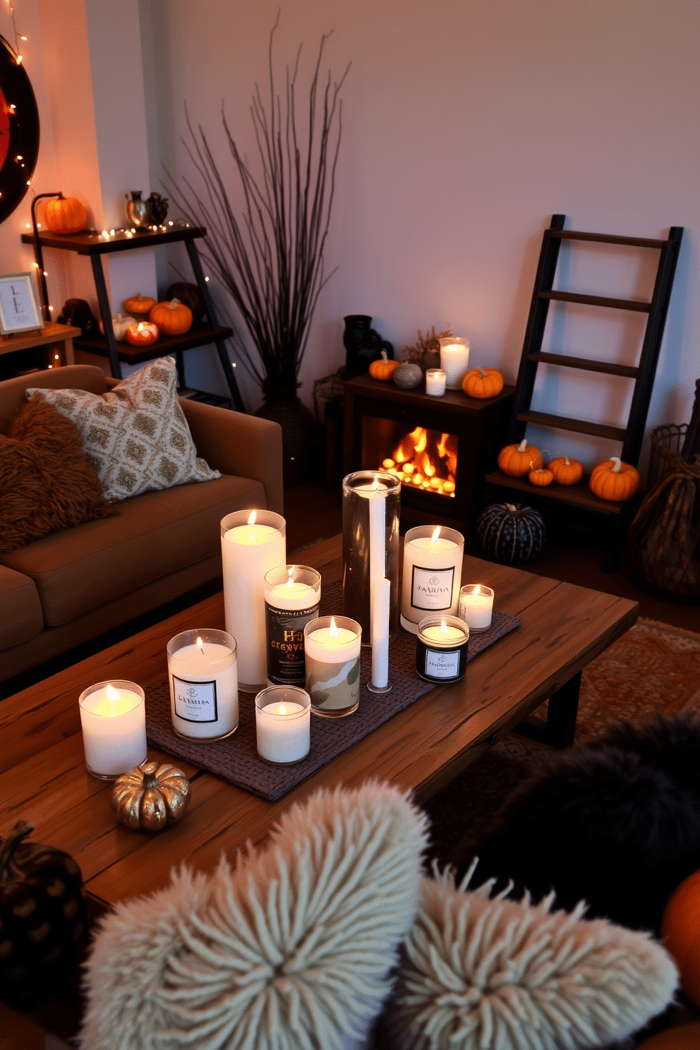 Create a cozy loft space decorated for Halloween. Arrange seasonal scented candles in various sizes on a wooden coffee table surrounded by plush seating. Incorporate autumn-themed decor elements like small pumpkins and string lights. Use warm, inviting colors to enhance the festive atmosphere and create a sense of comfort.