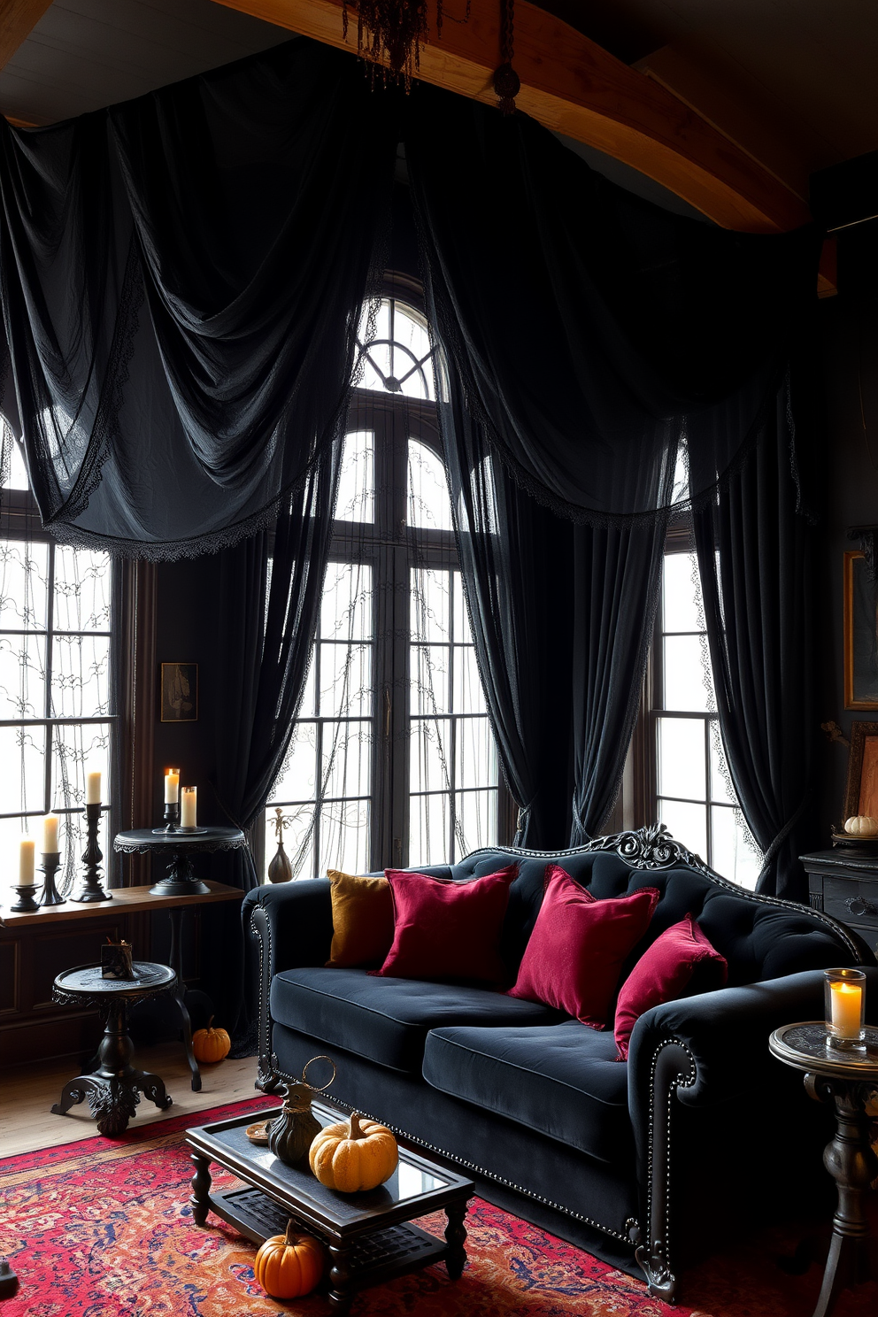 A cozy loft space adorned with black lace curtains that drape elegantly from the ceiling, creating a mysterious and gothic atmosphere. The walls are painted in deep charcoal, and the furniture features vintage pieces with intricate detailing, enhancing the Halloween theme. Scattered throughout the room are subtle Halloween decorations, such as carved pumpkins and eerie candle holders, adding warmth and charm. A plush, dark velvet sofa invites relaxation, complemented by throw pillows in rich jewel tones for an inviting yet spooky vibe.