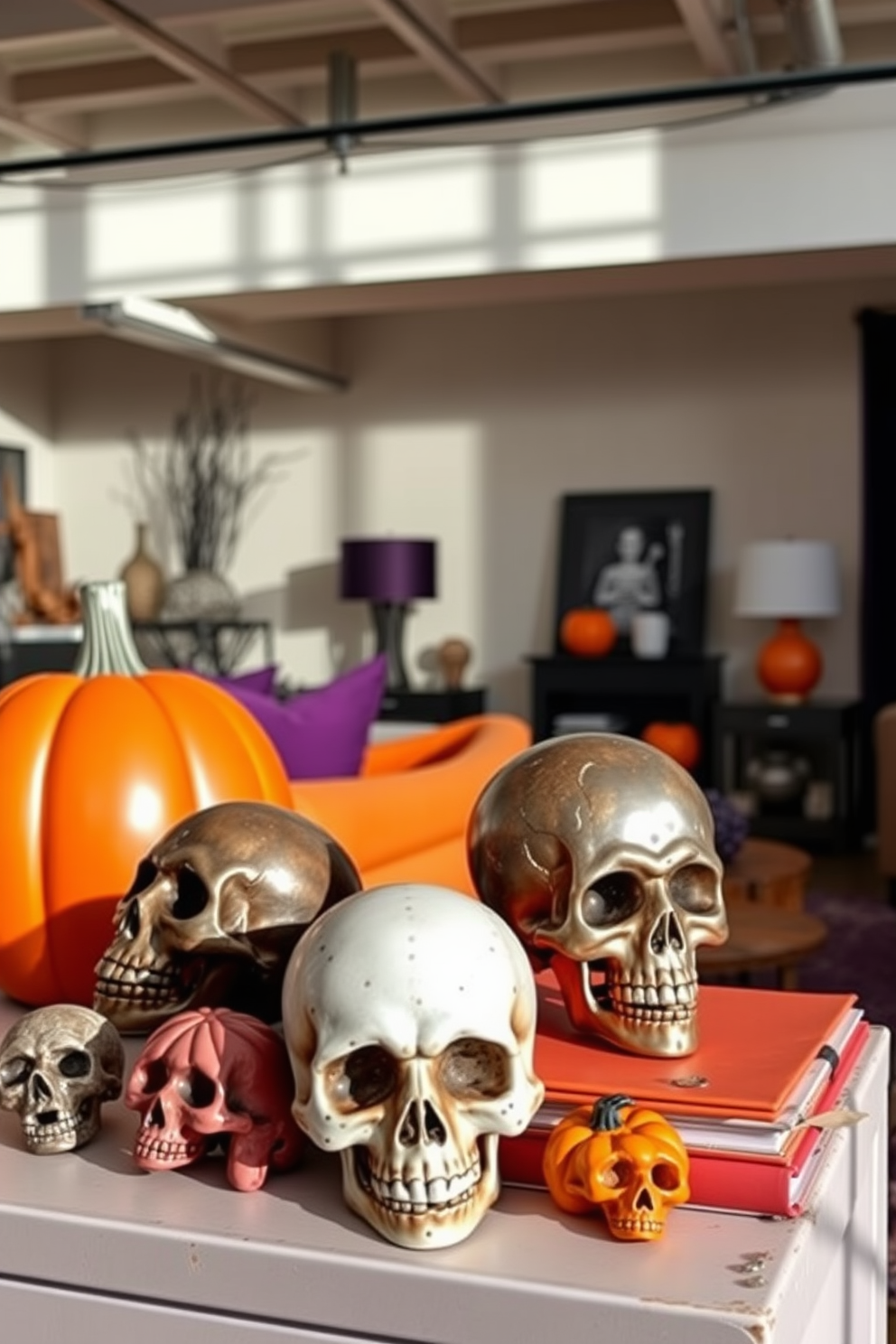 A stylish loft decorated for Halloween features decorative skulls artfully arranged on various surfaces. The skulls vary in size and material, some made of ceramic and others of metal, adding an eclectic touch to the space. In the background, warm orange and deep purple accents enhance the festive atmosphere. Soft lighting casts intriguing shadows, creating an inviting yet spooky ambiance throughout the loft.