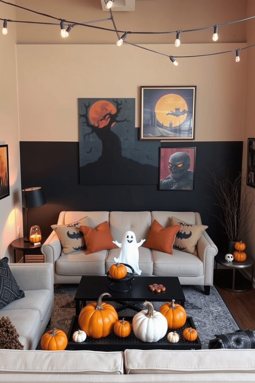 A cozy loft space adorned with Halloween-themed artwork on the walls. The vibrant colors of the artwork contrast beautifully with the neutral tones of the furniture, creating a festive yet sophisticated atmosphere. Pumpkins and ghost decorations are strategically placed throughout the room, adding a playful touch to the decor. Soft lighting from string lights enhances the ambiance, making the space inviting and warm for gatherings.