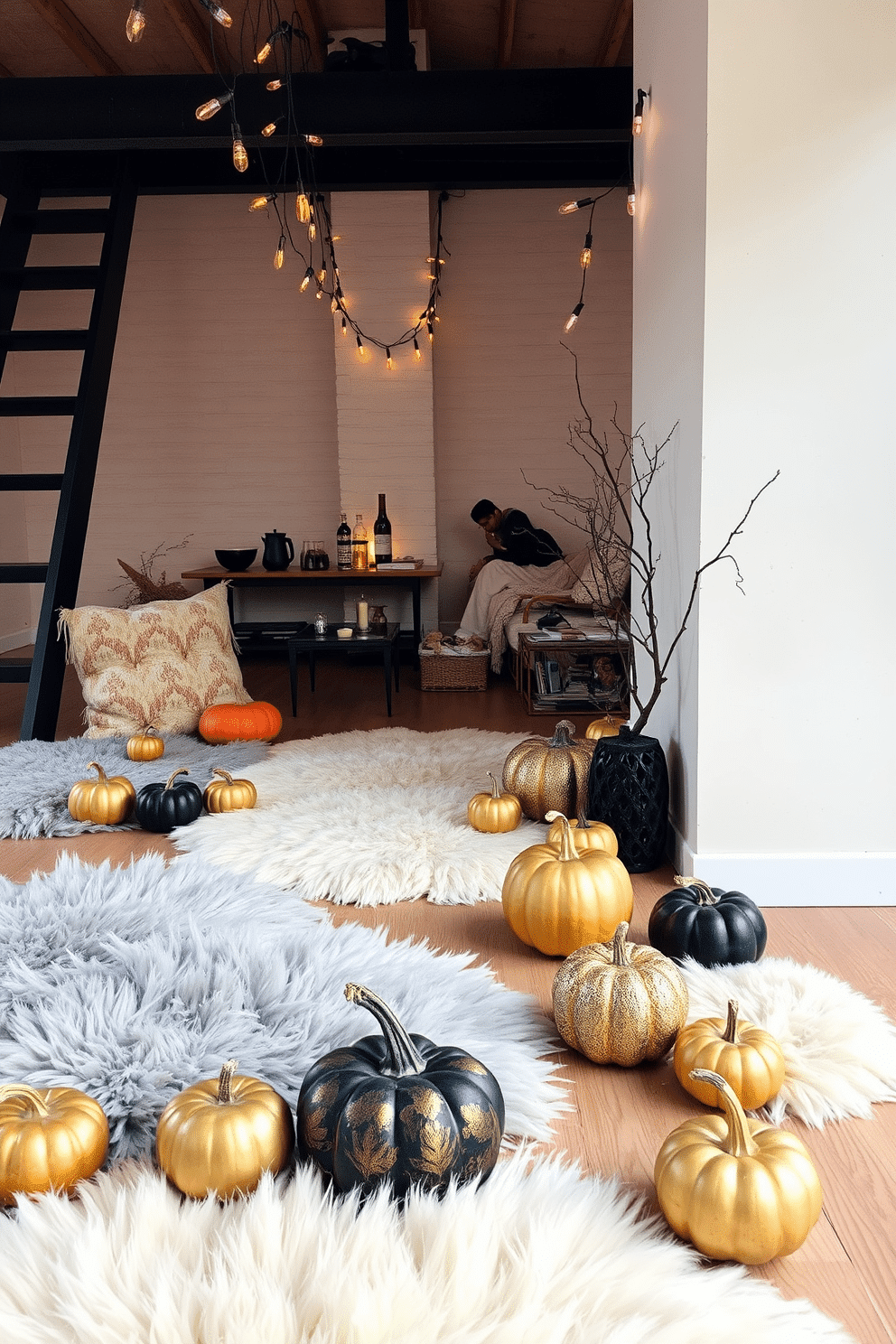 A cozy loft setting decorated for Halloween. The floor is covered with soft faux fur rugs in shades of cream and gray, creating a warm atmosphere. Pumpkins of various sizes are scattered around, some painted in elegant gold and black hues. String lights with orange and purple bulbs hang from the ceiling, adding a festive glow to the space.