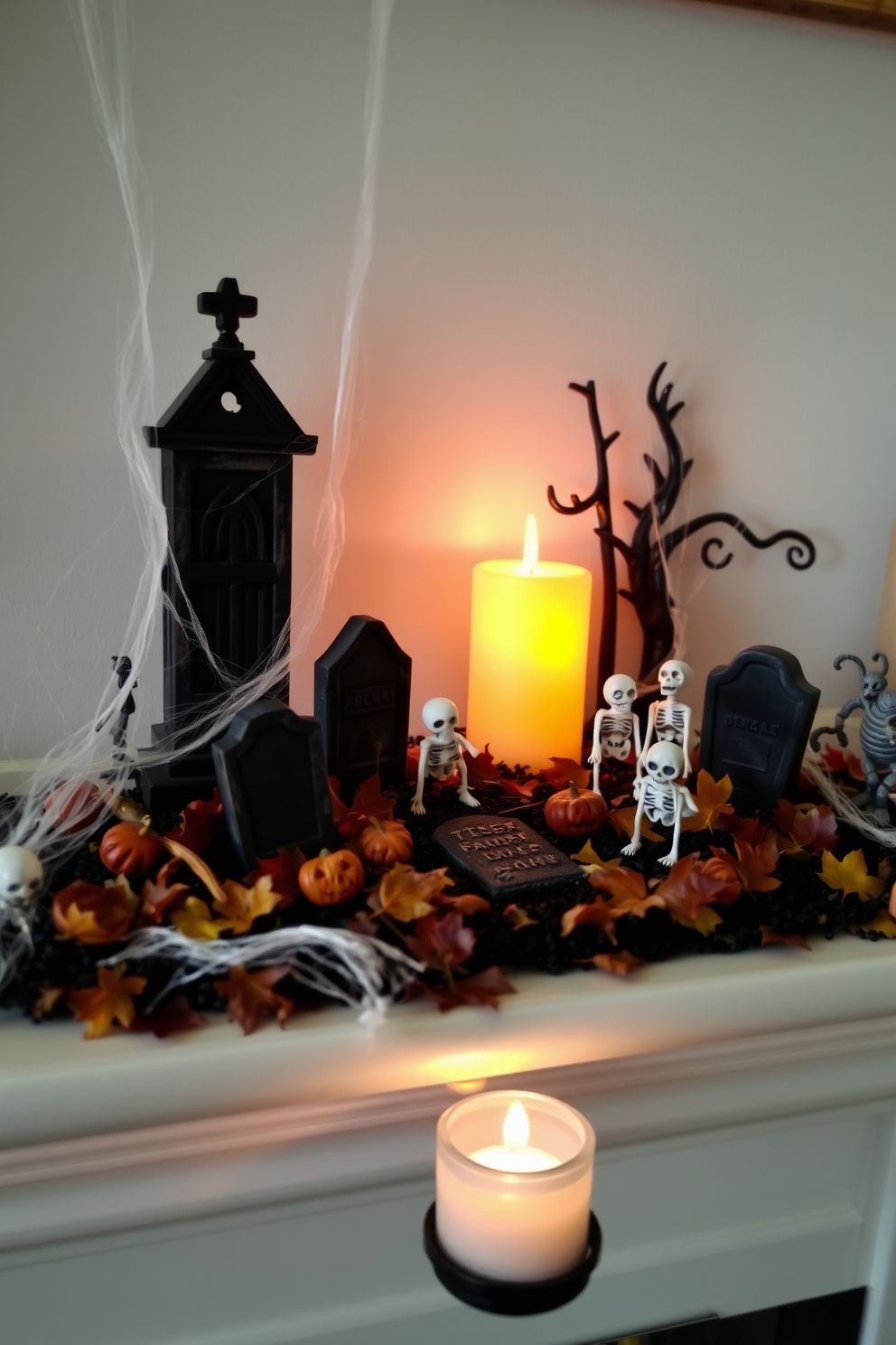 A whimsical miniature graveyard scene is arranged on the mantel, featuring tiny tombstones and skeletons nestled among autumn leaves. Softly glowing jack-o'-lanterns add a festive touch, while cobwebs drape delicately across the display for an eerie effect. Incorporate various heights and textures to create visual interest, using small figurines and spooky accents to enhance the Halloween theme. Warm candlelight flickers nearby, casting playful shadows that bring the scene to life during the evening hours.