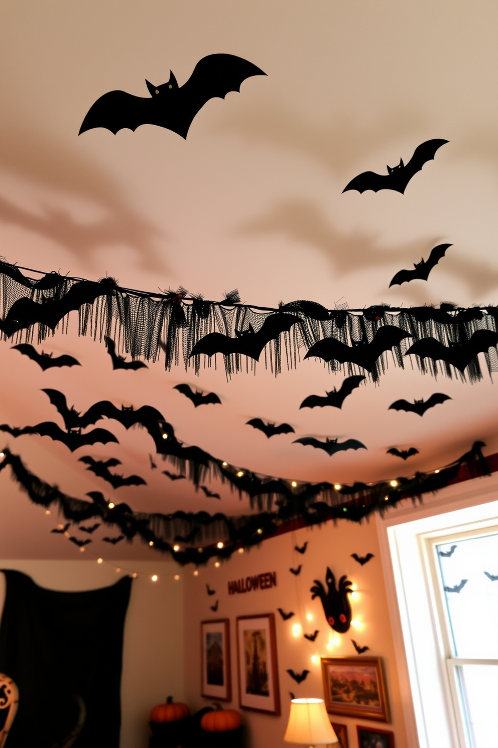 A whimsical Halloween loft filled with festive bat garlands strung across the ceiling. The walls are adorned with spooky artwork, and soft, dim lighting creates a cozy yet eerie atmosphere.