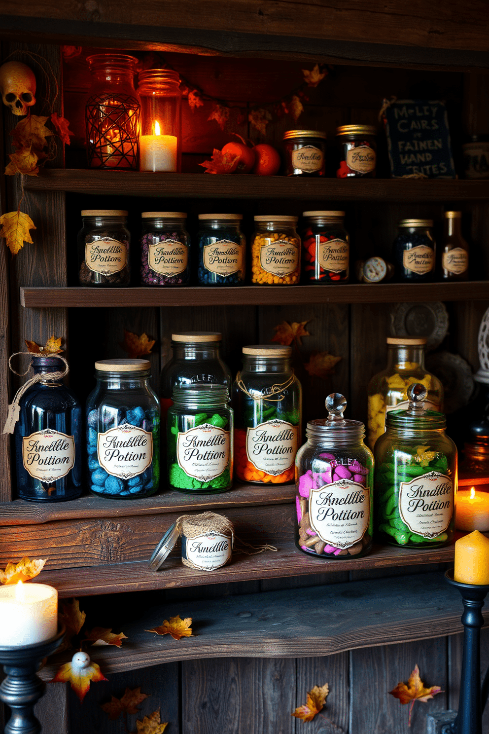 A whimsical loft decorated for Halloween features a collection of jars filled with colorful potion ingredients. Each jar is labeled with elegant script and arranged on a rustic wooden shelf, surrounded by flickering candlelight and autumn leaves.